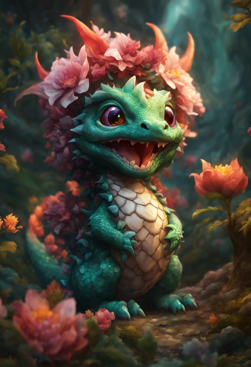 "mind-blowing cute baby dragon in a metamorphic cataclysm flower blossom egg", 8k resolution concept art portrait, Artgerm, WLOP, dynamic lighting, intricately detailed,triadic colors, Unreal Engine 5, volumetric lighting, detailed matte painting, deep color, fantastical, intricate detail, splash screen, complementary colors, fantasy concept