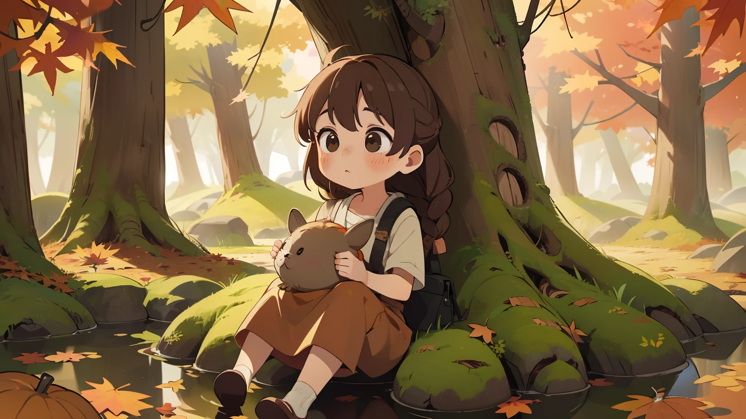 girl、art、full body angle、((切り株に座るgirl:1.2、solo、 woman、french braid、Natural color clothing))、Totoro、Totoroの森、natural look、highest quality、super detailed、high quality details、８ｋ、(((autumn leaves:1.5、deep autumn forest、Tree leakage day、silence)))