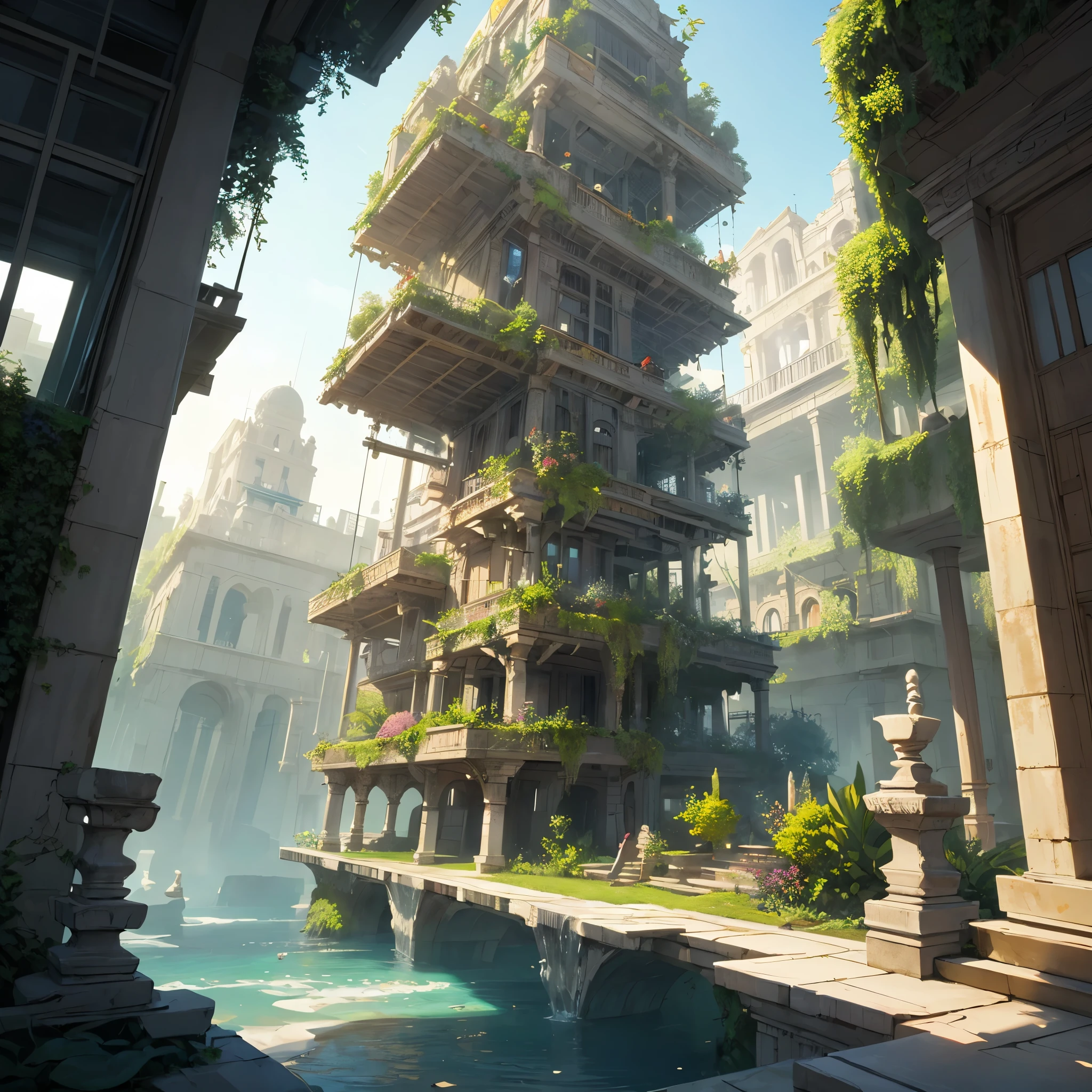architecture,masterpiece, concept art, Wide-angle lens, panoramic,civilization,hanging garden, (Ancient Babylon Culture), fantasy theme, 巴比伦hanging garden, Sky,Volumetric lighting, global illumination, HD