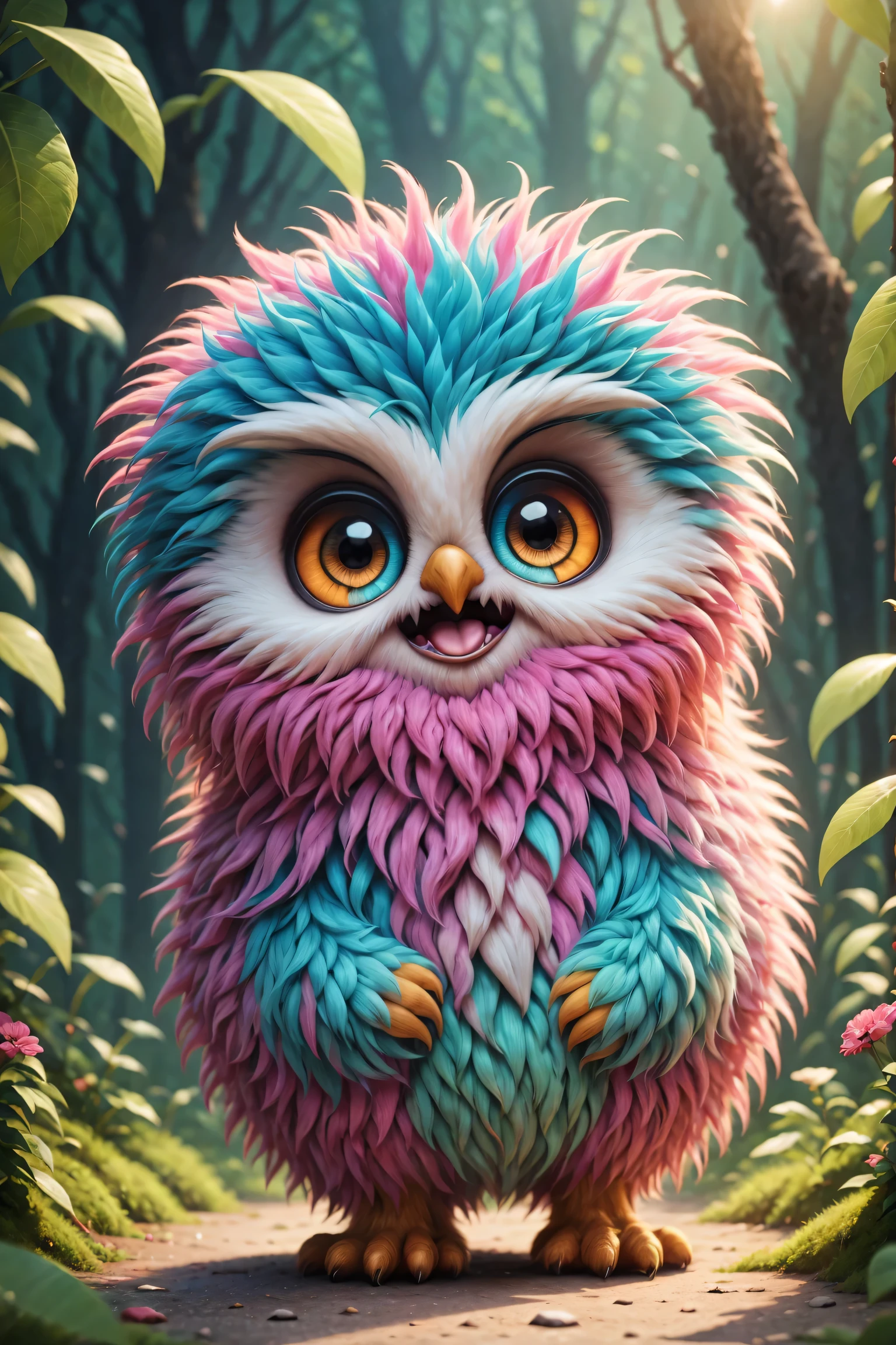 （best quality），Super fine，lifelike，3d rendering，cute owl，cute eyes，cartoonish style，colorful feathers，mischievous expression，Soft texture，Fantasy creatures，Bright and vibrant colors，warm light，