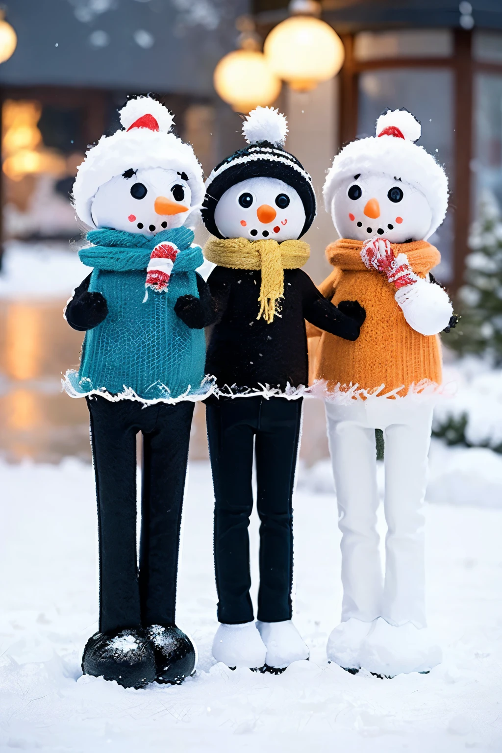 Three delightful snowmen gracefully stand among the winter landscape. The first snowman, taking the shape of a lovable bunny, flaunts soft, pink carrot features for ears and a charming nose. The second snowman, metamorphosed into a playful pooch, boasts coal button eyes and a curved stick tail wagging in the wind. Lastly, the third snowman, sporting a feline appearance, is adorned with twiggy cat arms and two small coal eyes, completed by a triangular nose reminiscent of a cat's. Together, the three cheerful snowmen create a magical winter scene that brings joy to the heart. (s2: This