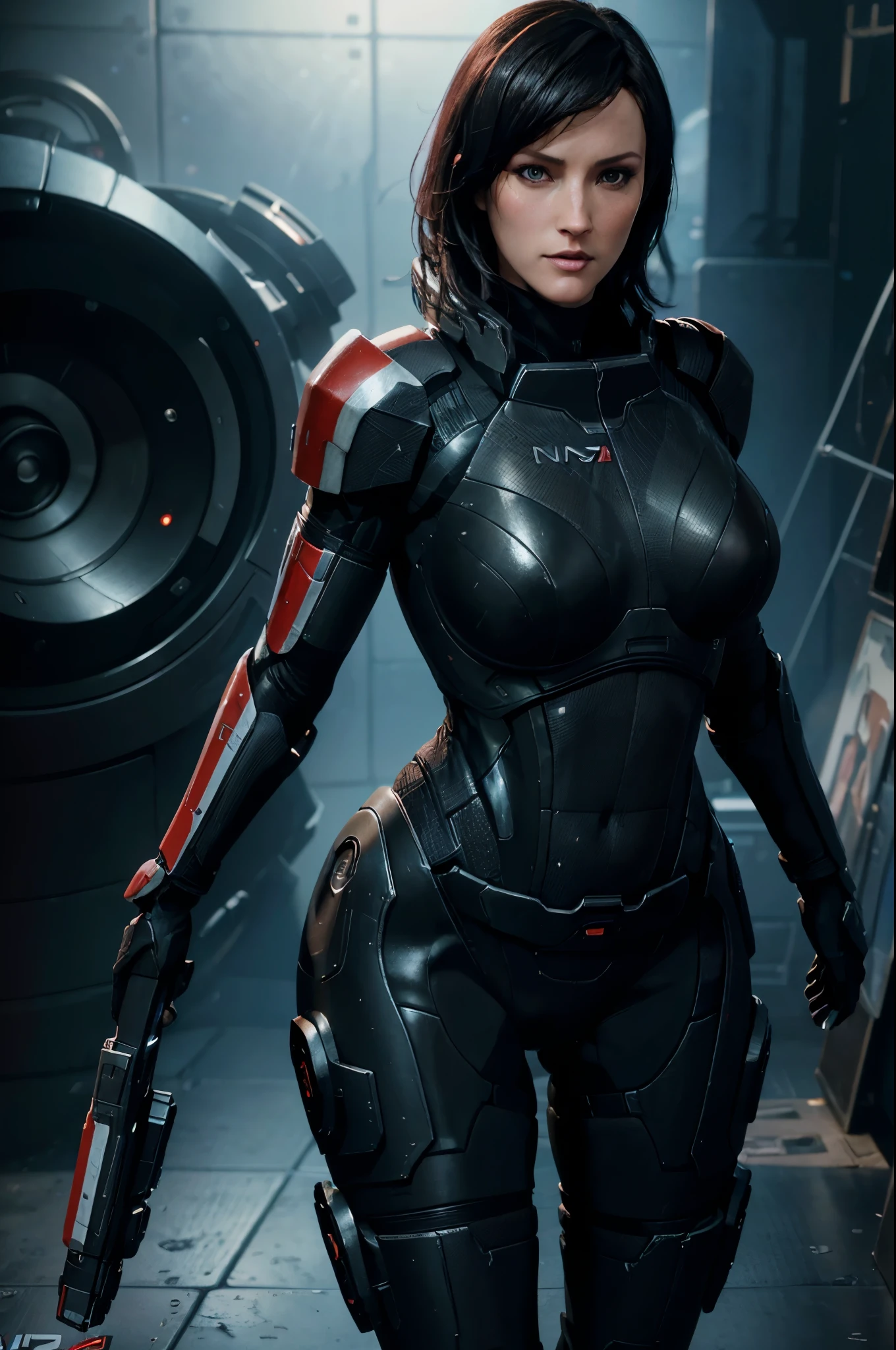 Miranda lawson, mass effect, black hair, curvy body, beautiful face, appealing body, sexy, seductive, space patrol, best quality,4k,highres,masterpiece:1.2),ultra-detailed,(realistic,photorealistic,photo-realistic:1.37),HDR,UHD,professional,vivid colors,concept artist