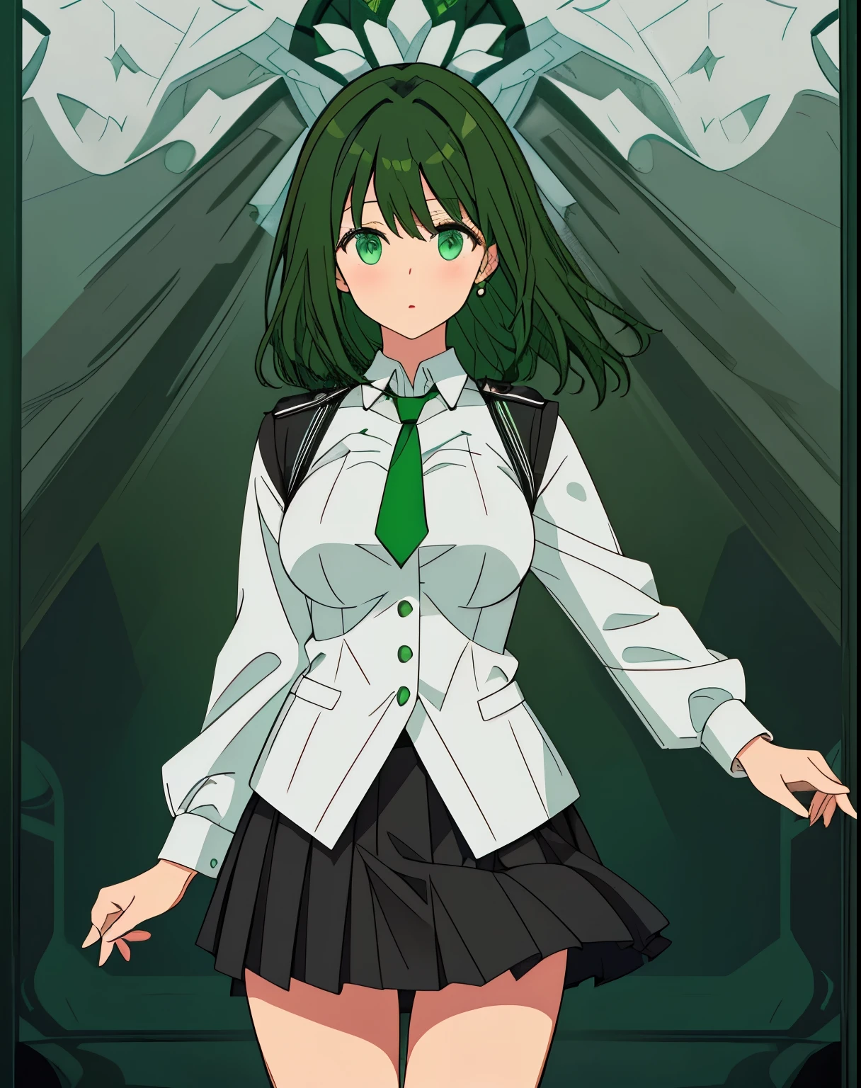 The woman wears a black skirt, dark green hair, bright bluish green eyes, and wears a white tie