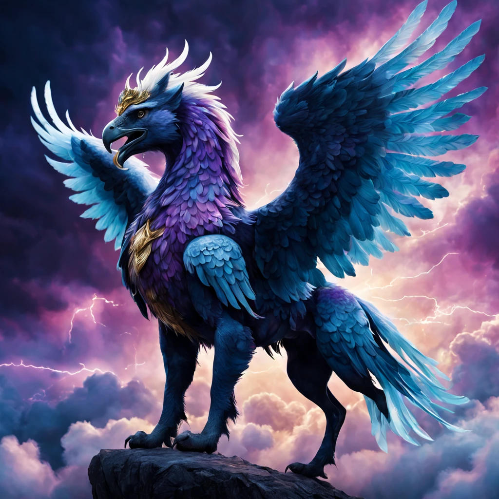 Photo image of a magical Griffin, magnificent winged Griffin with pegasus wings, Griffin flies among the clouds and spreads around the magical azure of bright, sparkling fog and purple magic lightning, skin texture and of the Griffin's fur is clearly visible, pay attention to the developed muscles of the Griffin, show in detail the large wings of the Griffin with white plumage, pay attention to the texture of the Griffin's wings, large depth of field, high resolution, clear focus on Griffin, high resolution, Extremely realistic, extremely detailed, cinematic processing, HDR, photorealistic, masterpiece