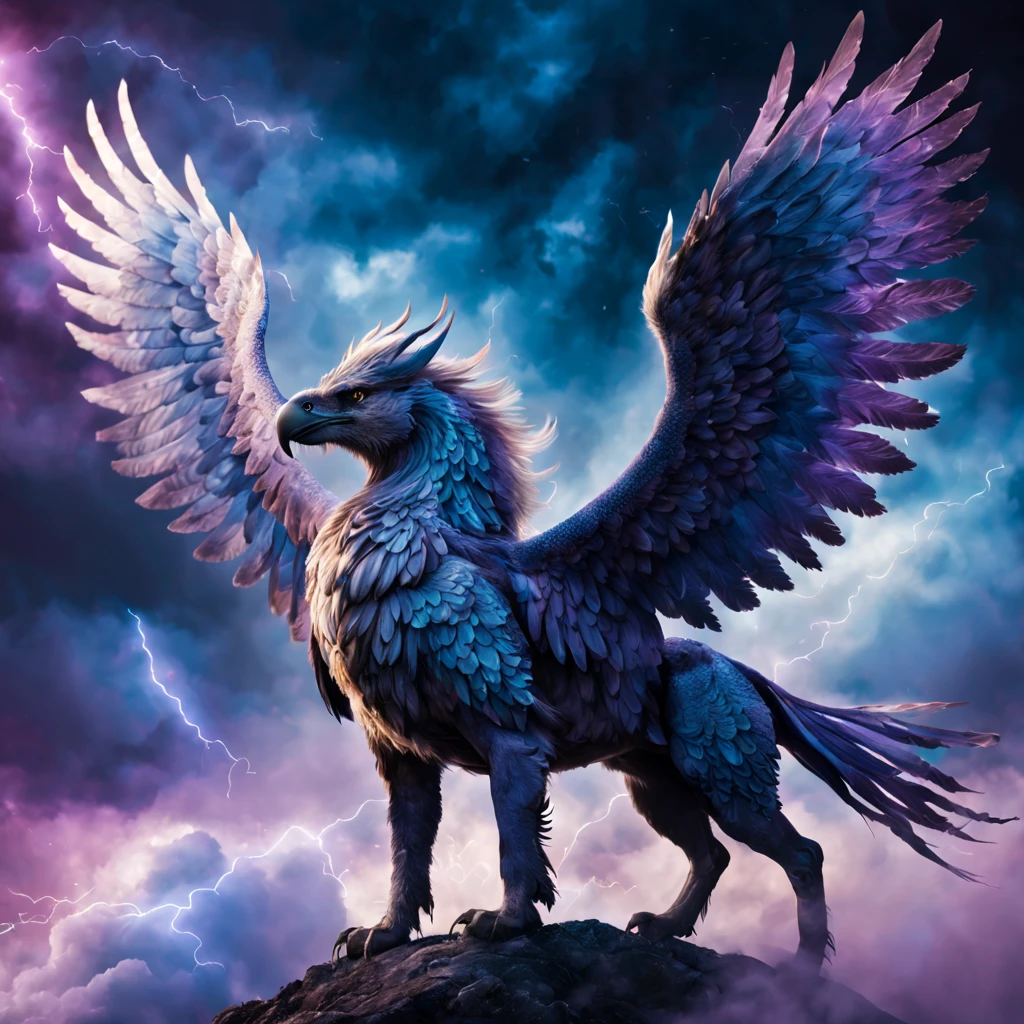 Photo image of a magical Griffin, magnificent winged Griffin with pegasus wings, Griffin flies among the clouds and spreads around the magical azure of bright, sparkling fog and purple magic lightning, skin texture and of the Griffin's fur is clearly visible, pay attention to the developed muscles of the Griffin, show in detail the large wings of the Griffin with white plumage, pay attention to the texture of the Griffin's wings, large depth of field, high resolution, clear focus on Griffin, high resolution, Extremely realistic, extremely detailed, cinematic processing, HDR, photorealistic, masterpiece