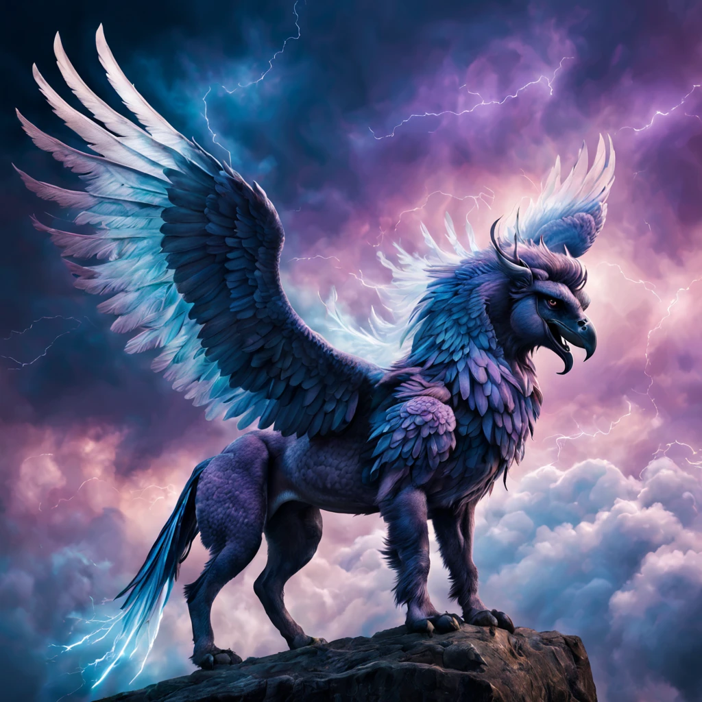 Photo image of a magical Griffin, magnificent winged Griffin with pegasus wings, Griffin flies among the clouds and spreads around the magical azure of bright, sparkling fog and purple magic lightning, skin texture and of the Griffin's fur is clearly visible, pay attention to the developed muscles of the Griffin, show in detail the large wings of the Griffin with white plumage, pay attention to the texture of the Griffin's wings, large depth of field, high resolution, clear focus on Griffin, high resolution, Extremely realistic, extremely detailed, cinematic processing, HDR, photorealistic, masterpiece