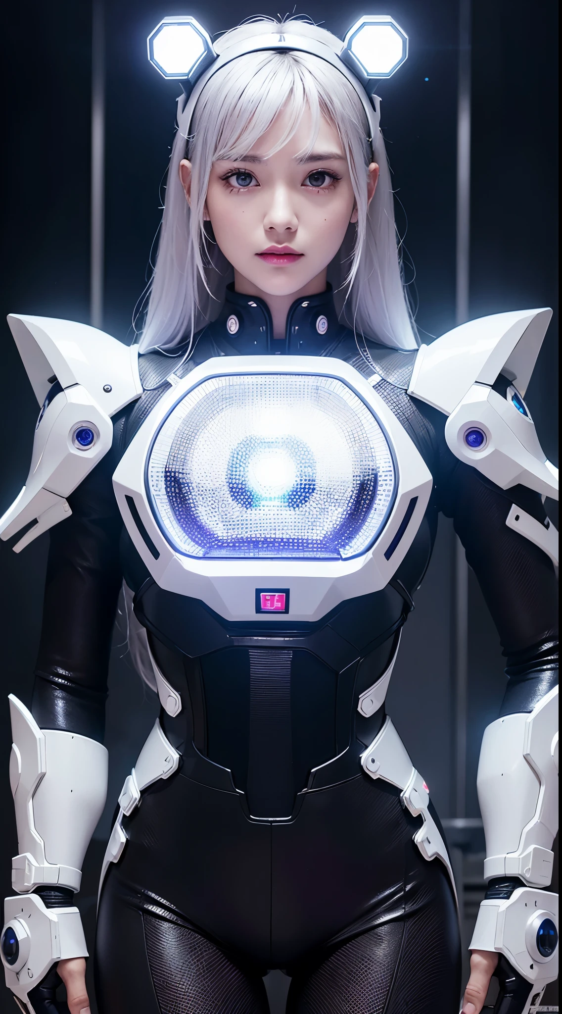 quality、tmasterpiece、超高分辨率、(真实感:1.4)、RAW photos、white mecha、White porcelain body、Acrylic transparent cover、White hair、Skin glows、1 robot girl、((Ultra-realistic details))、Potrat、globalillumination、cellshading、Octagon rendering、8K、Super sharp、Character edge light,Original leather、Intricate decorative details、Aztec details、Hydraulic cylinder、Small LED light、highly intricate detail、True ray tracing、a purple eye、Radiant in front of the camera、neon light detail、Futuristic headgear、About cyberpunk、、