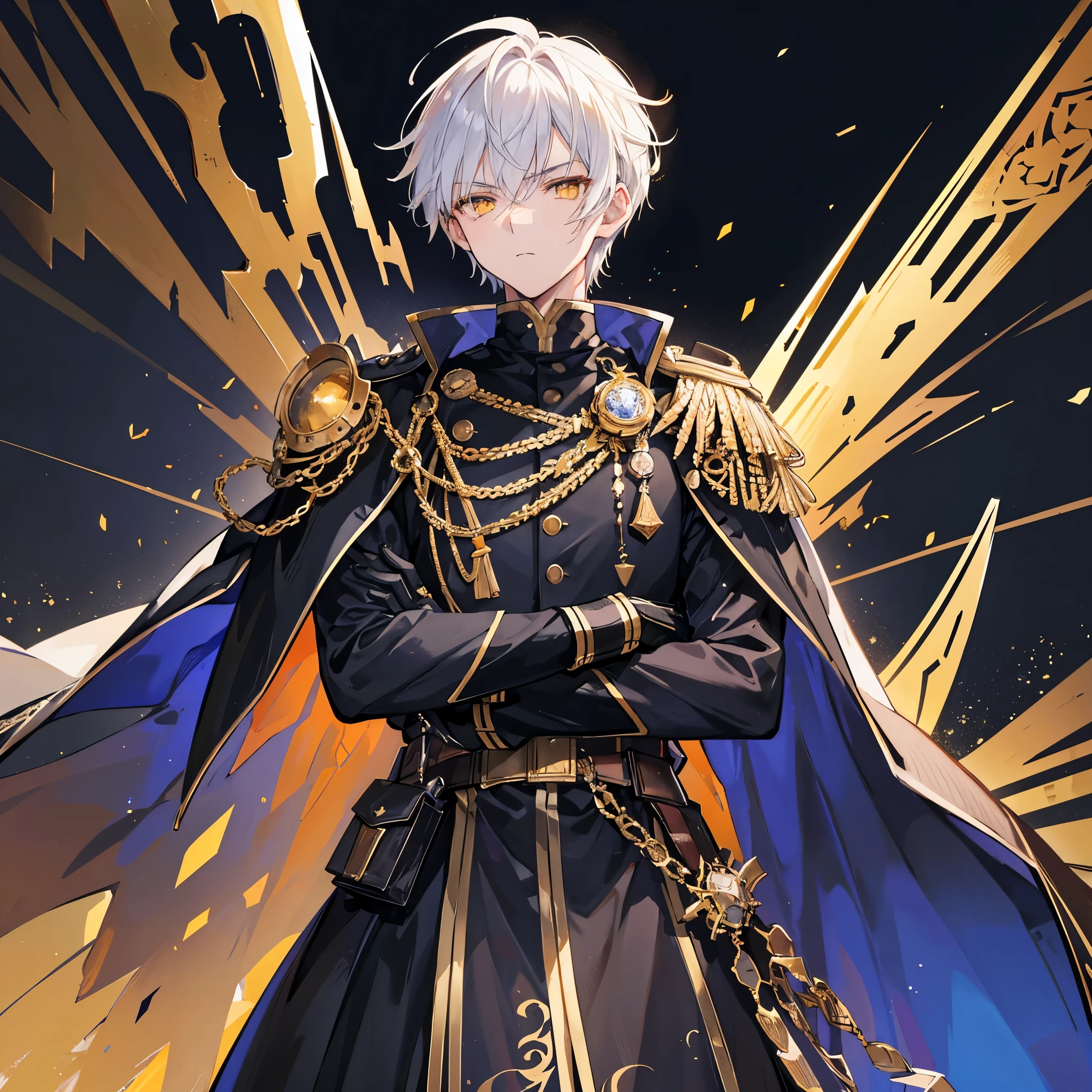 Handsome male, 17 years old, short white hair, glowing golden eyes, galahad from fate, close up, calm expression, stoic, black military clothes, black cape, golden gloves, crossed arms, upper body, looking at viewer, cowboy shot, dark castle background