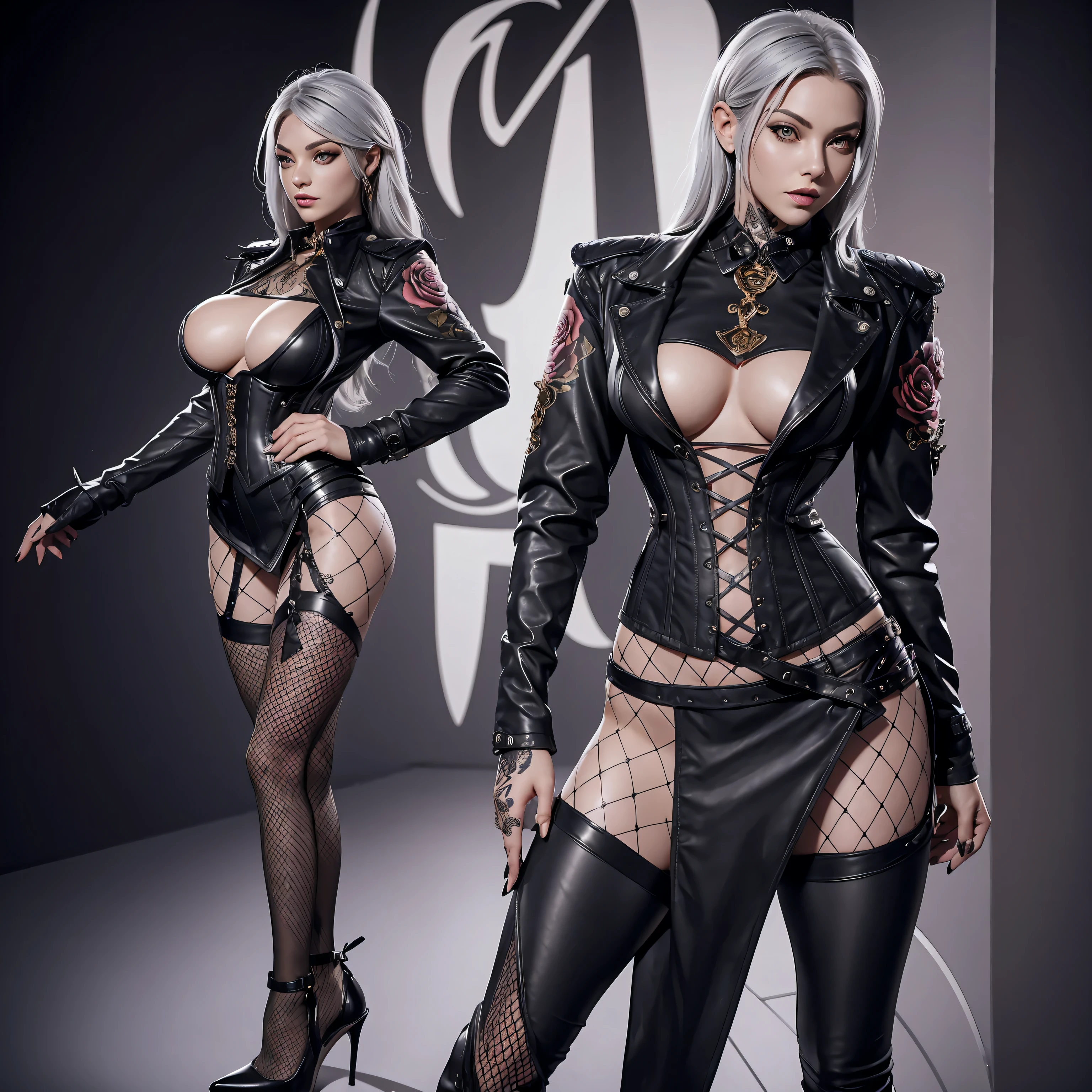 A fair skin human woman with gold eyes and silver hair, dressed in a corset, leather jacket, short skirt, fishnet leggings, high heels, Large tattoo of a rose on her back, and multiple smaller rose tattoos all over her body, muscular, highly detailed, one character, anatomically correct,