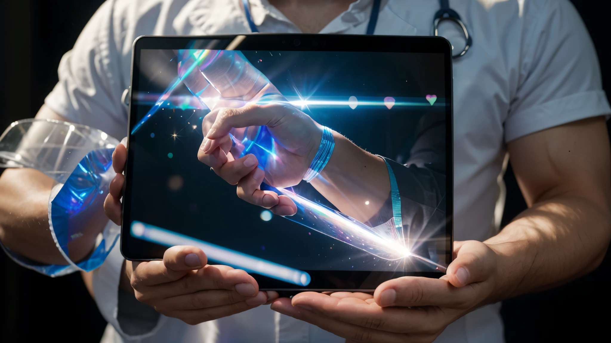 holographic transparent image that reflect Medical technology, innovation health and medical research, 35mm, f1/4, 8k, chest-up, blur background with realistic 30 year-old man with tablet on hand bokeh effect off center, looking right, wide-angle