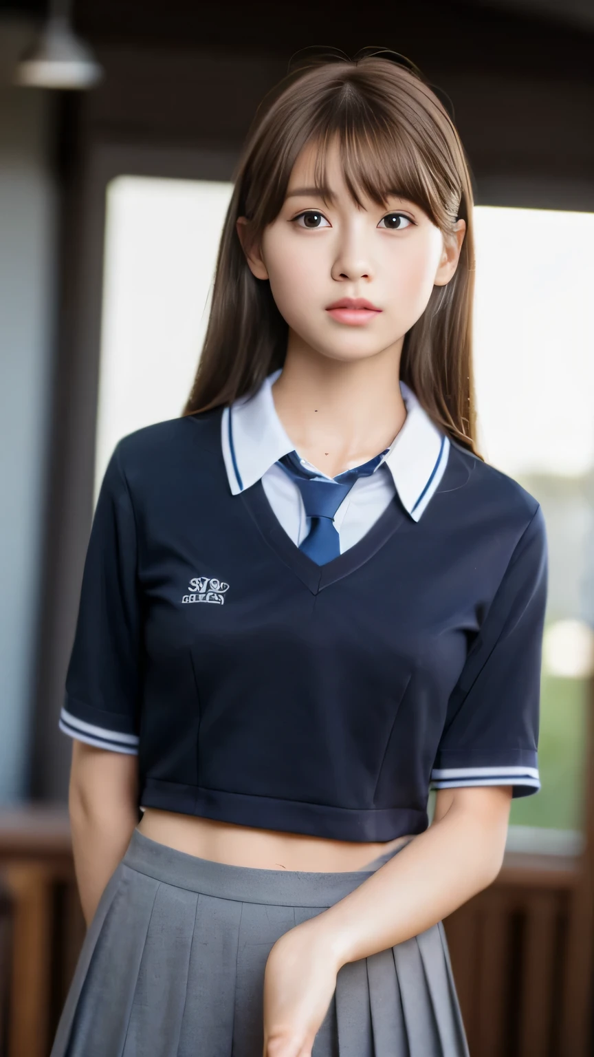 School Uniforms, ((Realistic lighting, Best quality, 8K, Masterpiece: 1.3)), Focus: 1.2, 1girl, Perfect Figure: 1.4, Slim Abs: 1.1, ((Dark brown hair)), (school uniforms: 1.4), (Outdoor: 1.1), junior high_school room, Super fine face, Fine eyes, Double eyelids,