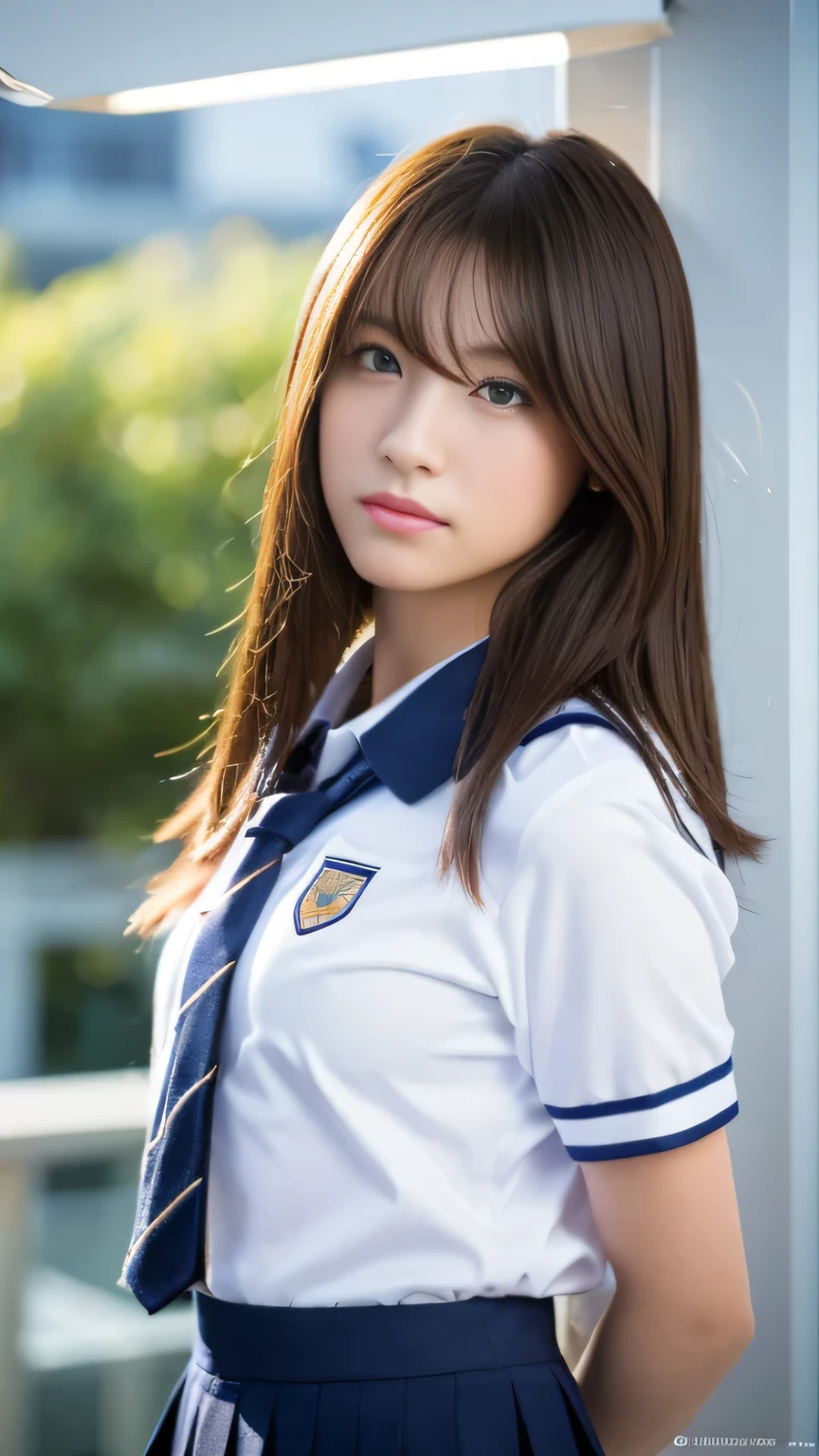 School Uniforms, ((Realistic lighting, Best quality, 8K, Masterpiece: 1.3)), Focus: 1.2, 1girl, Perfect Figure: 1.4, Slim Abs: 1.1, ((Dark brown hair)), (school uniforms: 1.4), (Outdoor: 1.1), junior high_school room, Super fine face, Fine eyes, Double eyelids, 完全な身体、解剖学的に正確な身体、