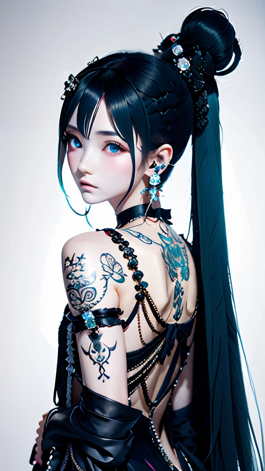 hair ornaments、earrings、skull tattoo、goth_punk, 1 girl, alone,、highest quality, realistic, Super delicate illustration, Beautiful charming anime girl, miku hatsune, slender body, tied hair, one girl, a photo of girl, full body shot, beautiful blue eyes, looked back,ear nipple rings、hair ornaments、gem、miku hatsune、