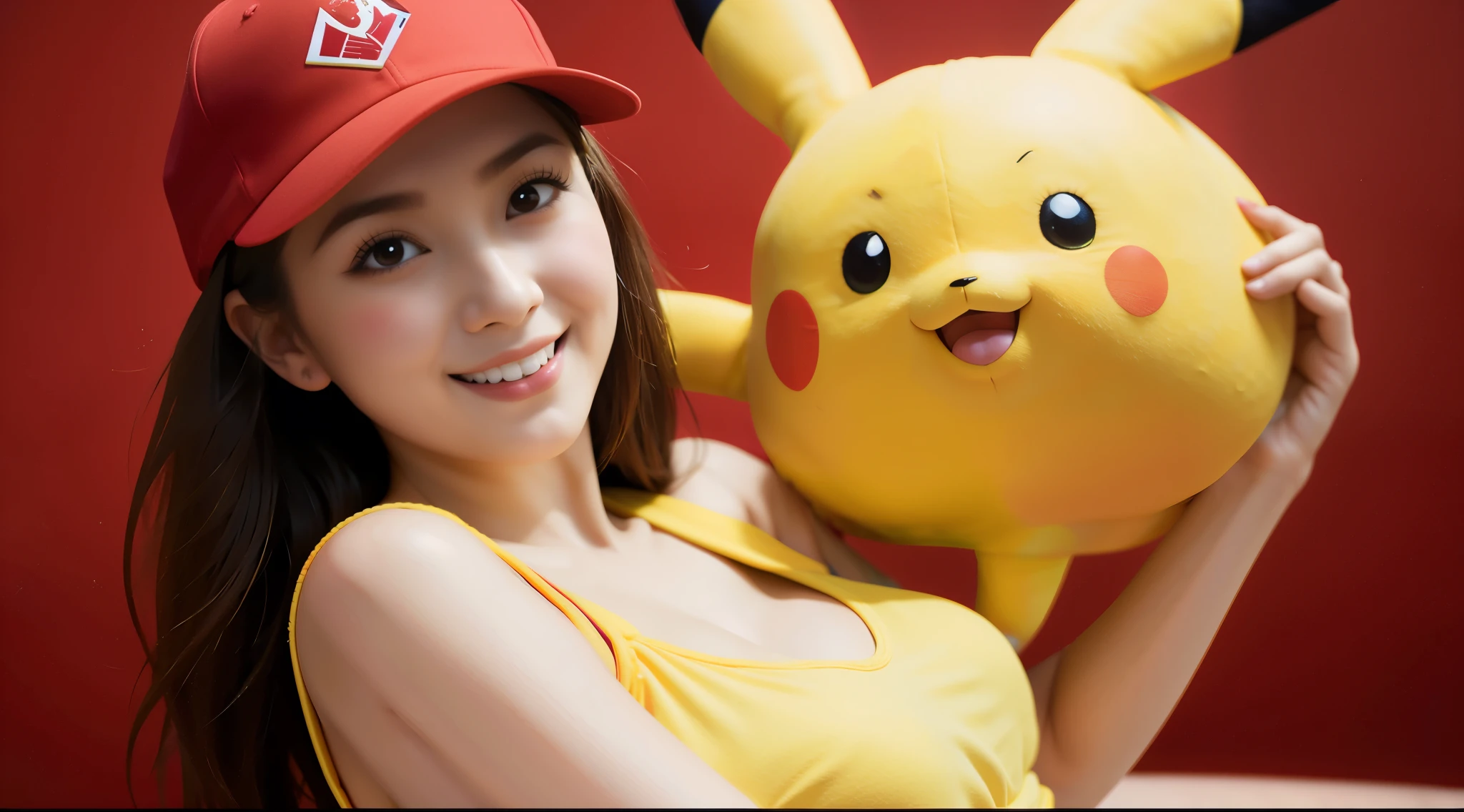 araffe woman in a yellow sexy shirt and a red hat holding a yellow pokemon stuffed animal, pikachu as a human, pokemon cap, pokemon trainer, real life pikachu, pikachu, dilraba dilmurat, ig model | artgerm, half pikachu, trending at cgstation, nixeu and sakimichan, publicity cosplay, trending on cgstation