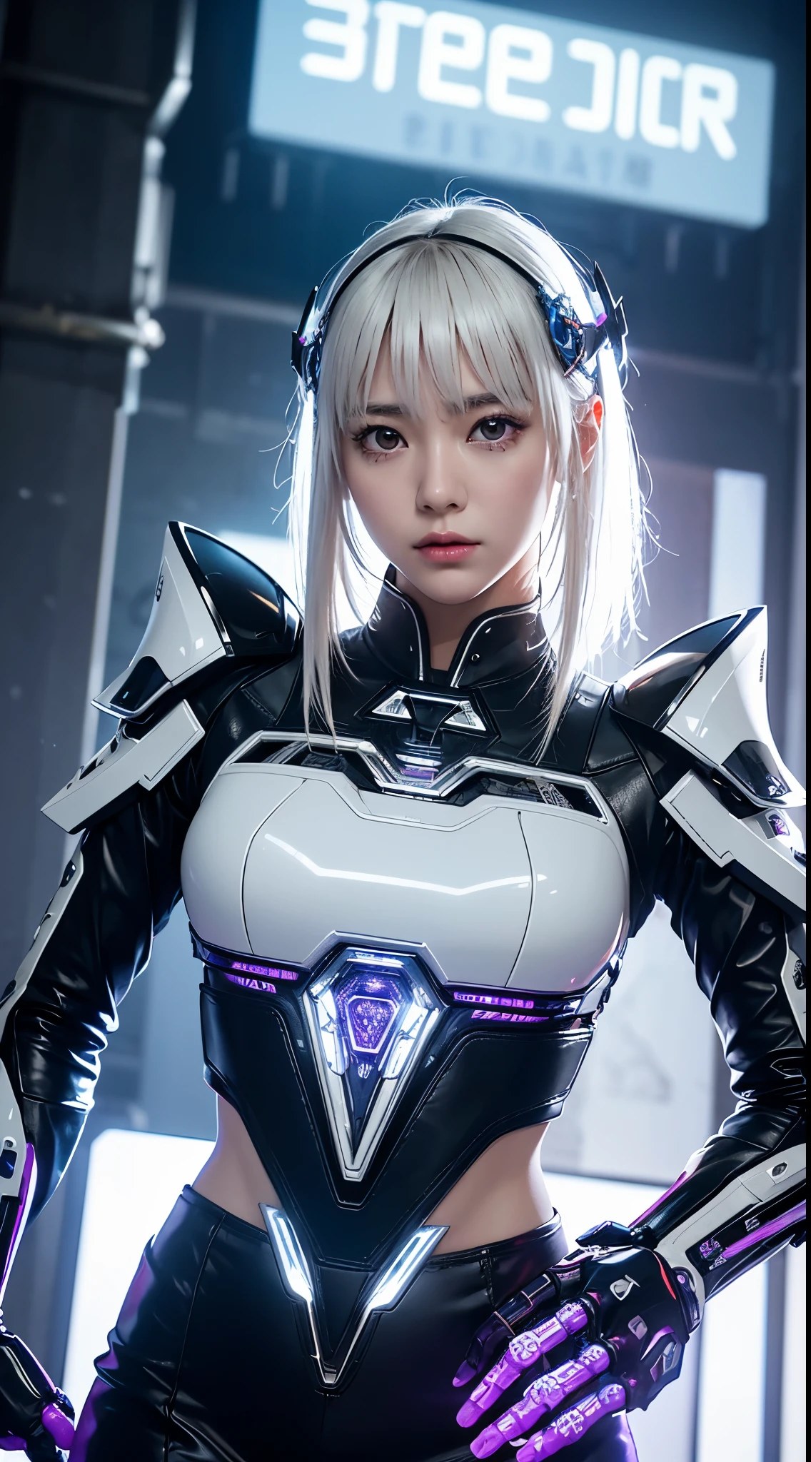 quality、tmasterpiece、超高分辨率、(真实感:1.4)、居中，RAW photos、white mecha、White porcelain body、Acrylic transparent cover、White hair、Skin glows、1 robot girl、((Ultra-realistic details))、Potrat、globalillumination、cellshading、Octagon rendering、8K、Super sharp、Character edge light，Original leather、Intricate decorative details、Aztec details、Hydraulic cylinder、Small LED light、highly intricate detail、True ray tracing、a purple eye、Radiant in front of the camera、neon light detail、Futuristic headgear、About cyberpunk、、