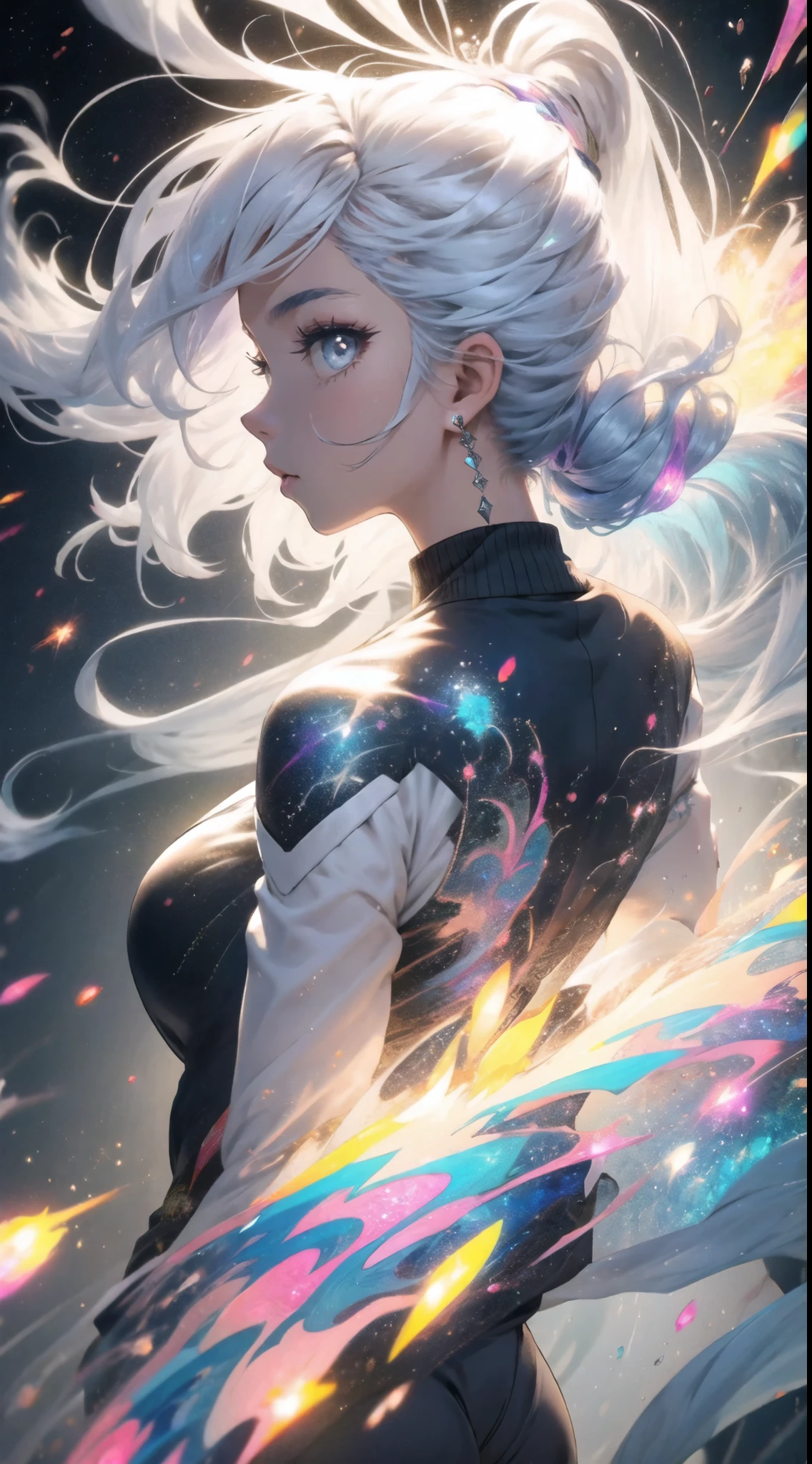 girl, (back view), silver hair, perfect face, detailed face, colorful, lots of details,  juicy girl, astral projection, energies explosions, wind in the hair, glass body and anergy body