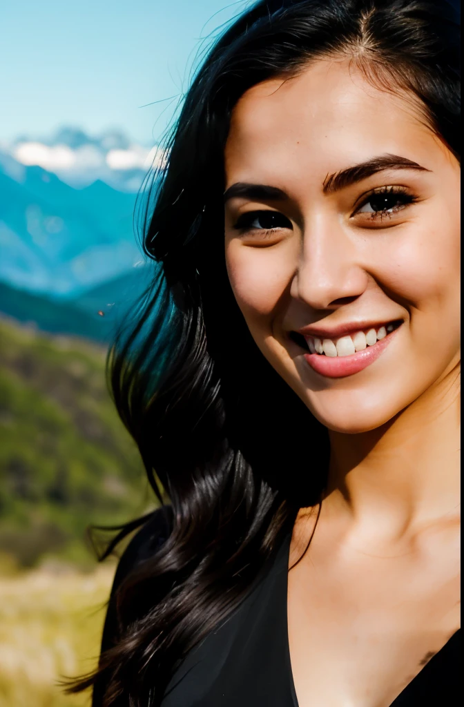 RAW photo, face portrait photo of beautiful 26 y.o woman, cute face, wearing black dress, happy face, hard shadows, cinematic shot, dramatic lighting, mountain background 