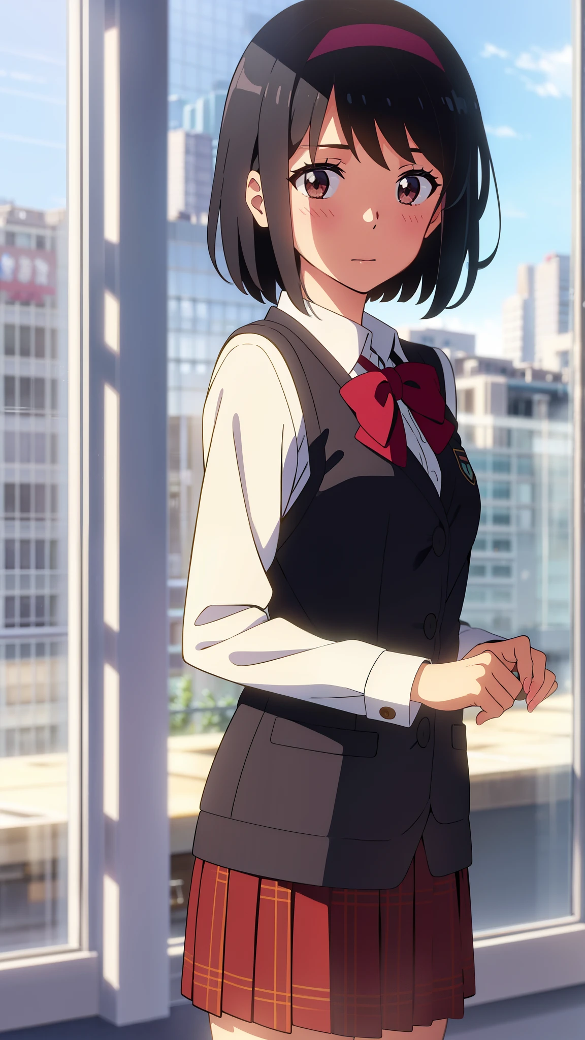 shinkai makoto, kimi no na wa., 1girl, bangs, black hair, blush, brown eyes, shiny skin, red headband, red ribbon, red bow, White dress shirt, vest, skirt, plaid skirt, looking at the viewer, short hair, cute, solo, best quality, hires, office, buildings from window, detailed background, diffused sunlight, depth of field, bokeh