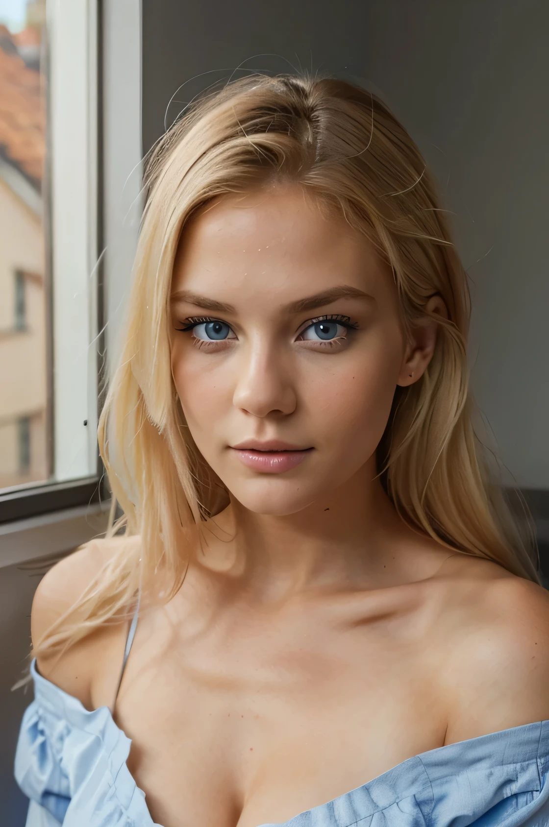 blonde swedish girl, beaux yeux bleus, shaped face, stunning look, very detailed, instagram model