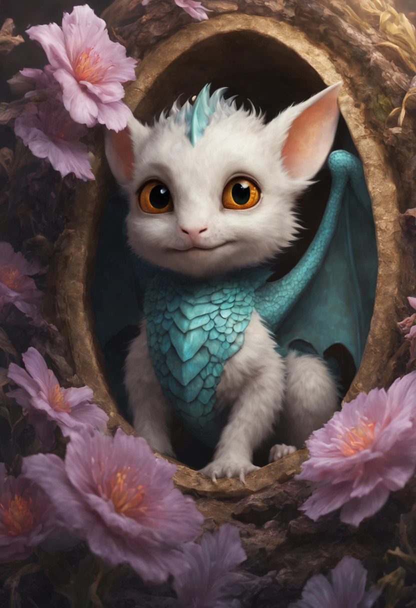 "mind-blowing cute  dragon in a metamorphic cataclysm flower blossom egg", 8k resolution concept art portrait, Artgerm, WLOP, dynamic lighting, intricately detailed,triadic colors, Unreal Engine 5, volumetric lighting, detailed matte painting, deep color, fantastical, intricate detail, splash screen, complementary colors, fantasy concept