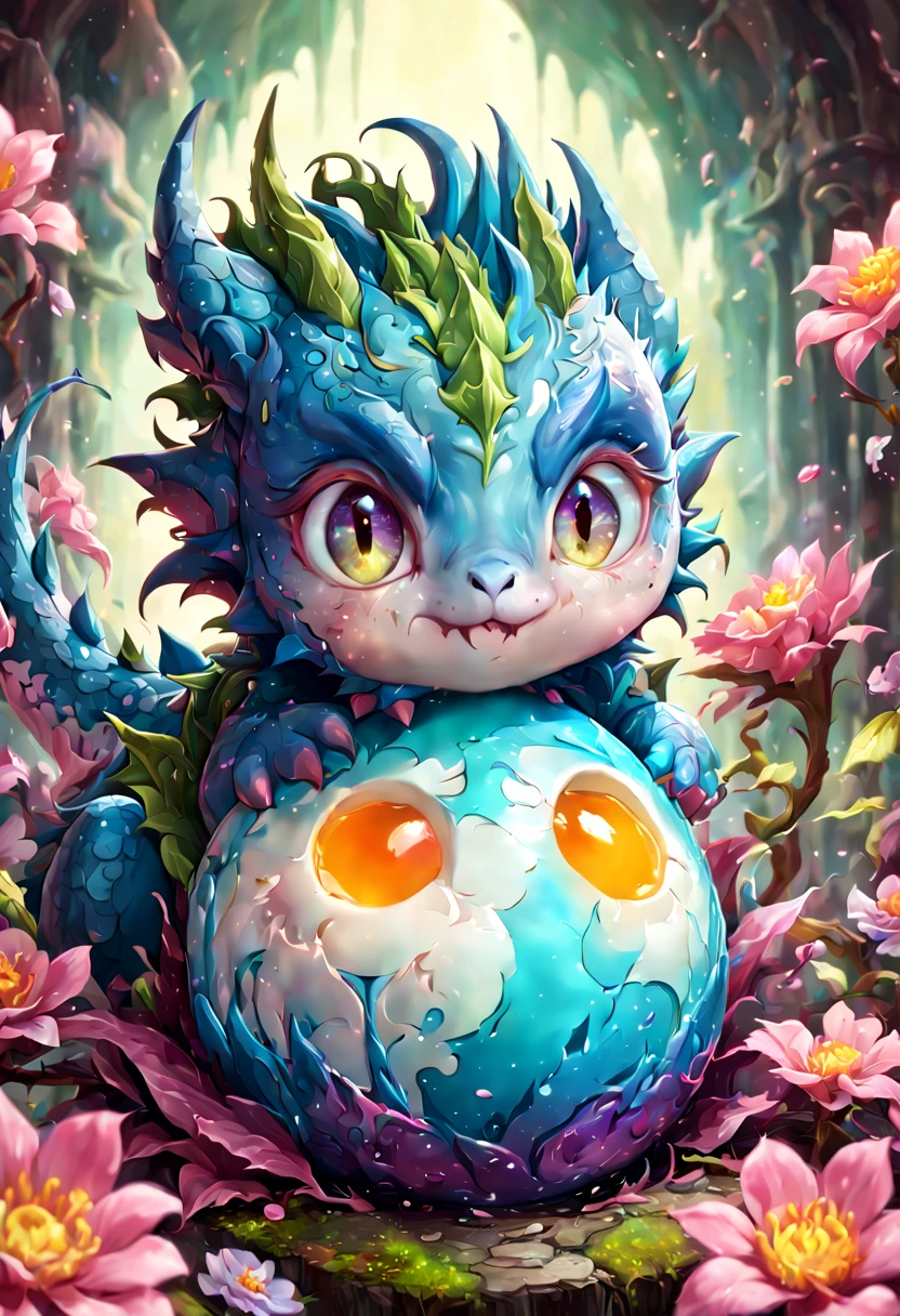 "mind-blowing cute  dragon in a metamorphic cataclysm flower blossom egg", 8k resolution concept art portrait, Artgerm, WLOP, dynamic lighting, intricately detailed,triadic colors, Unreal Engine 5, volumetric lighting, detailed matte painting, deep color, fantastical, intricate detail, splash screen, complementary colors, fantasy concept