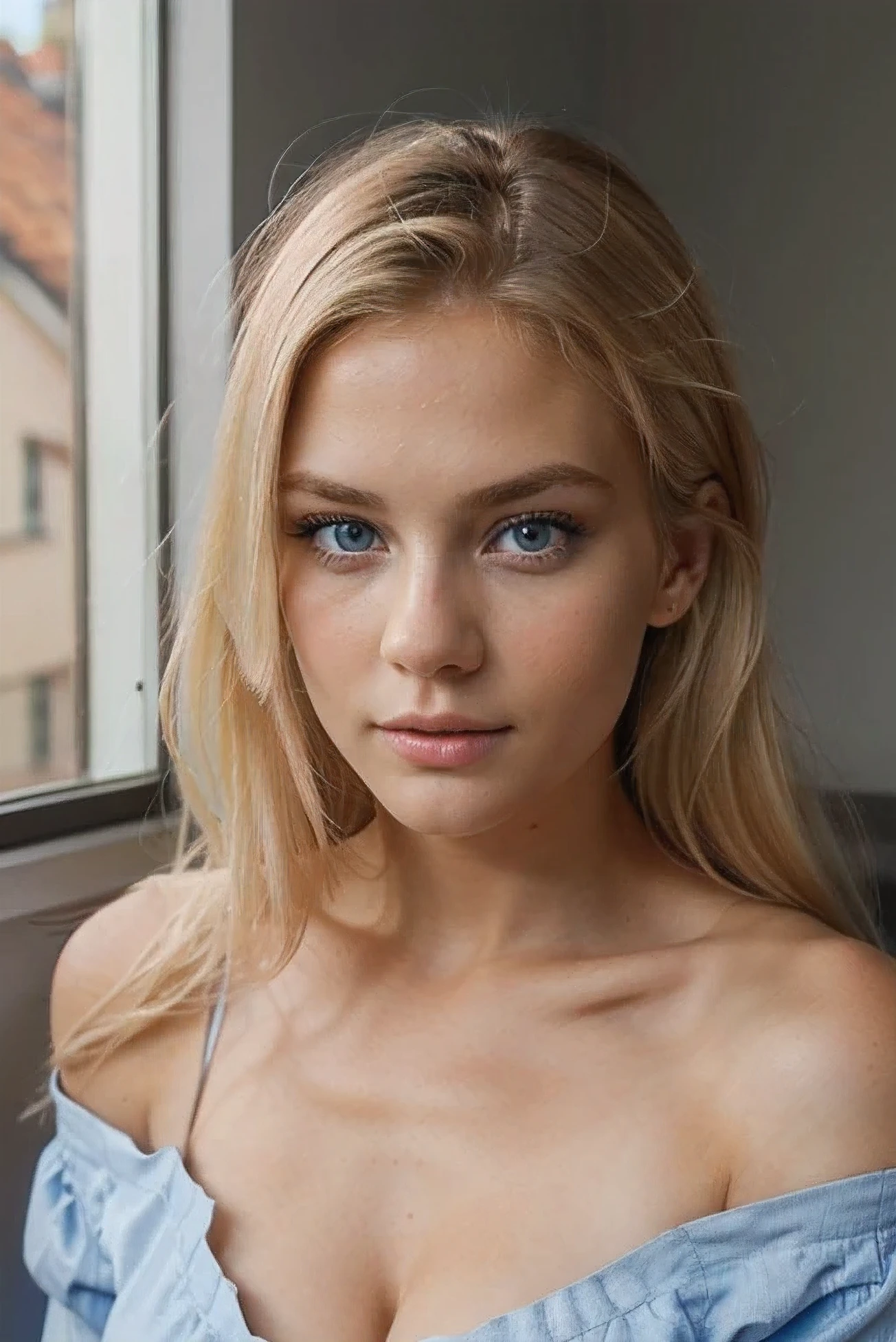 blonde swedish girl, beaux yeux bleus, shaped face, stunning look, very detailed, instagram model