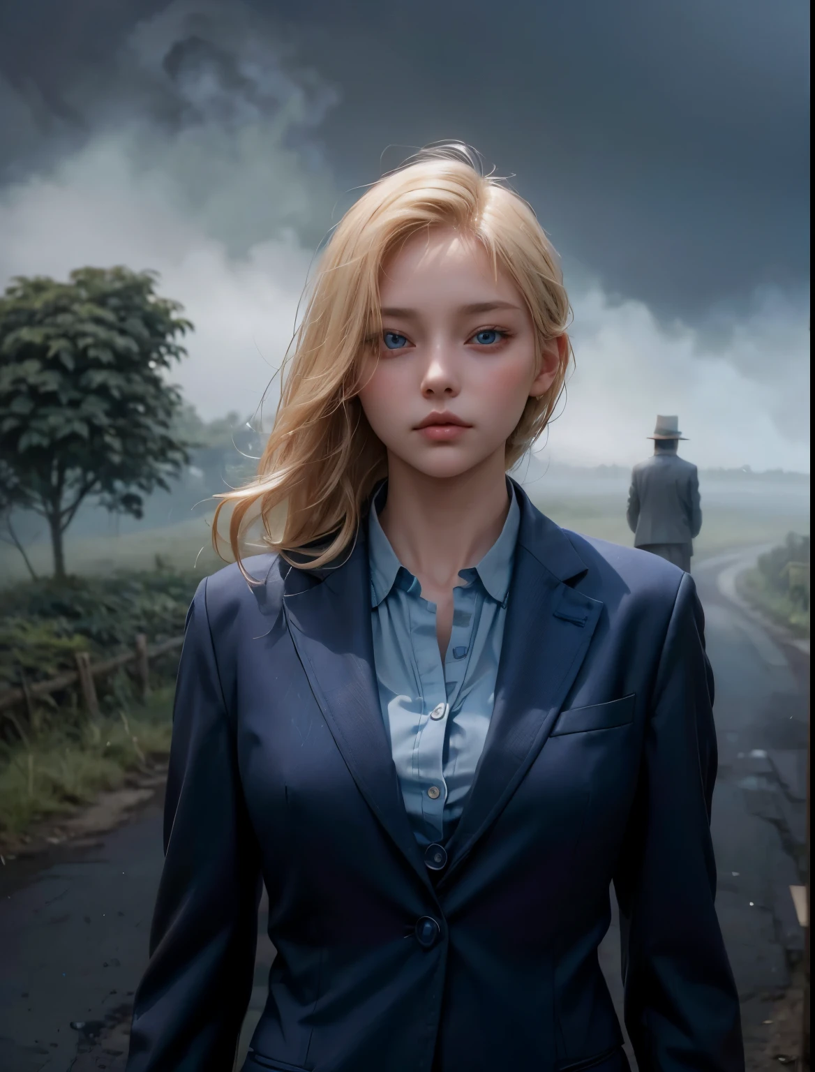 A very cute woman.A beautiful woman with blonde hair and blue eyes looks at the camera with a serious expression. Late twenties. He is wearing a business suit. She is standing on a rural road. An eerie fog is gathering around the area.