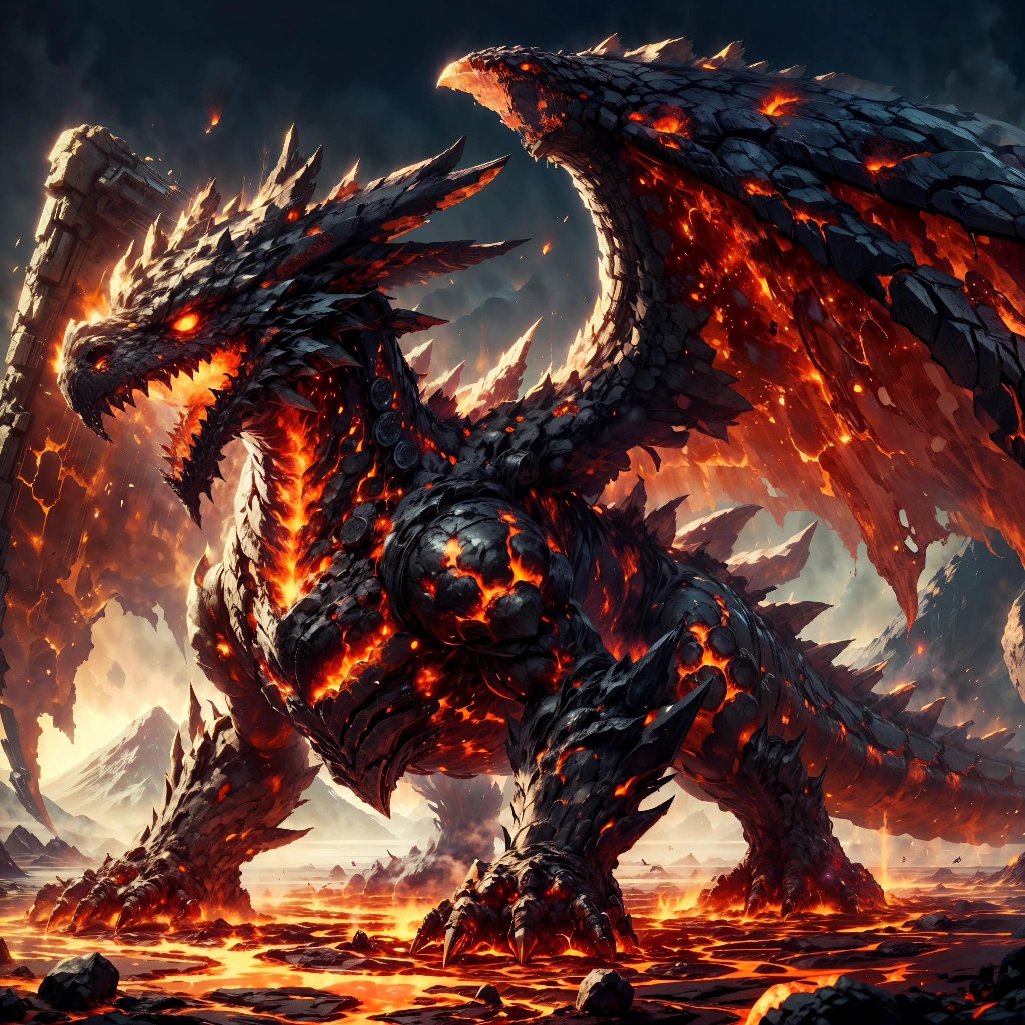 ARK,DnD fan art, fantasy, monster hunter,hot color palette,mage of a lava dragon,lava wings,colossal shape,medium long body, full body, brave pose, roaring,calm,magma obsidian blocks cover whole body,magma obsidian volcanoes on the back, magma blocks on tail, volcanoes on back, volcanic eruption,4 eyes, on a volcanic land,super detailed obsidian scales, battle aura,lava, lava flow over body,ashes, molten lava on body,magma drop, small molten lava pool on body