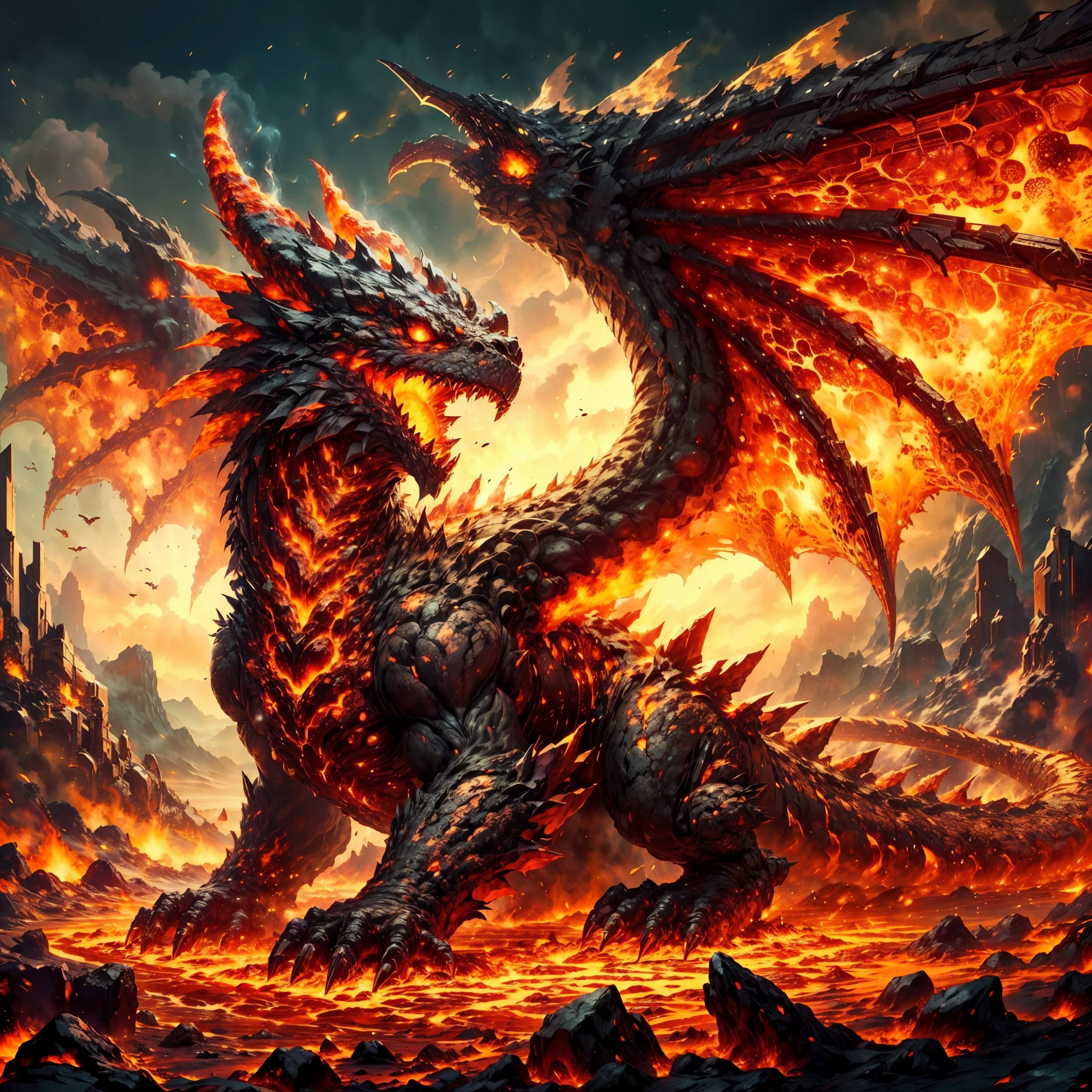 ARK,DnD fan art, fantasy, monster hunter,hot color palette,mage of a lava dragon,lava wings,colossal shape,medium long body, full body, brave pose, roaring,calm,magma obsidian blocks cover whole body,magma obsidian volcanoes on the back, magma blocks on tail, volcanoes on back, volcanic eruption,4 eyes, on a volcanic land,super detailed obsidian scales, battle aura,lava, lava flow over body,ashes, molten lava on body,magma drop, small molten lava pool on body