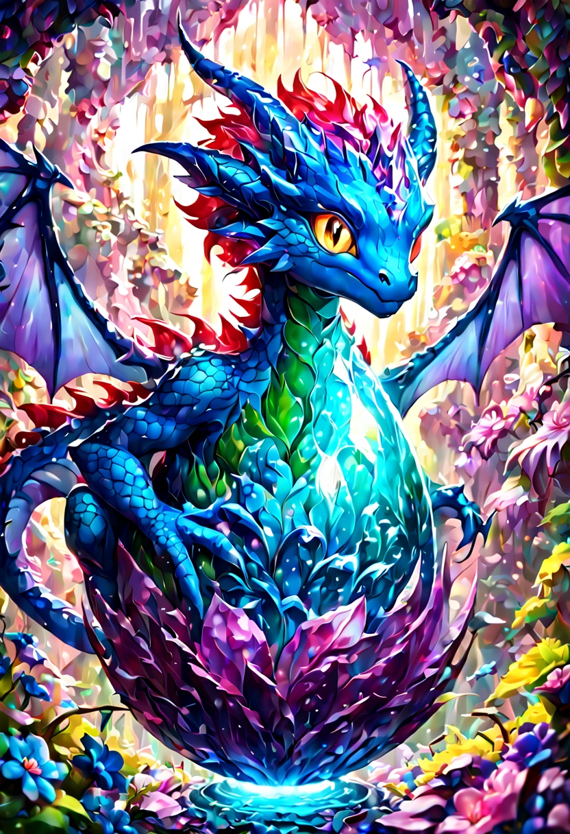 "mind-blowing cute dragon in a metamorphic cataclysm flower blossom egg", 8k resolution concept art portrait, Artgerm, WLOP, dynamic lighting, intricately detailed,triadic colors, Unreal Engine 5, volumetric lighting, detailed matte painting, deep color, fantastical, intricate detail, splash screen, complementary colors, fantasy concept