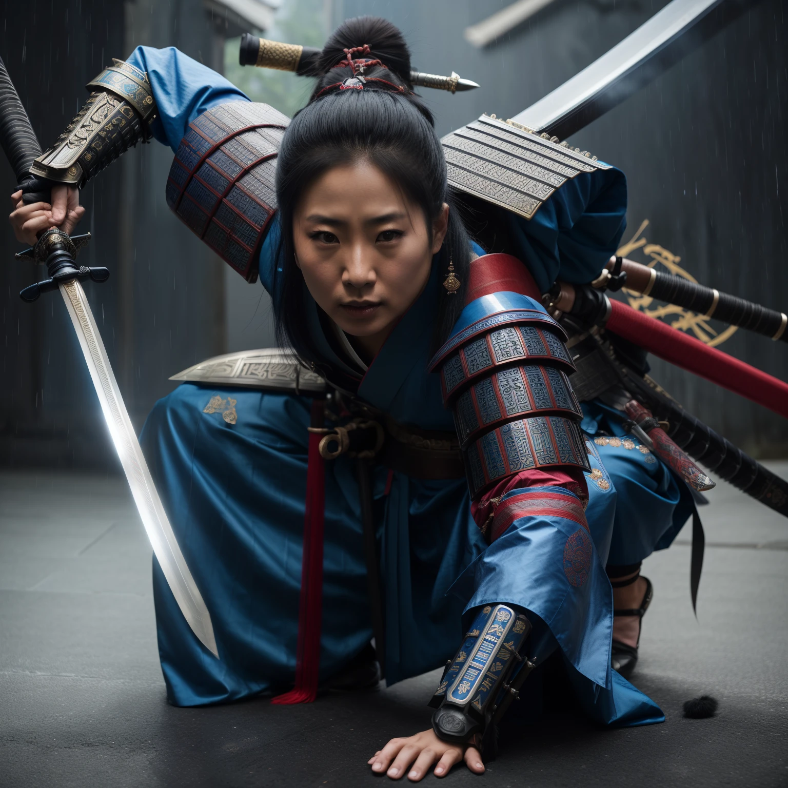 arafed asian woman in a blue outfit crouches with two swords, female samurai, very beautiful cyberpunk samurai, samurai style, she is holding a katana sword, japanese warrior, unsheathing her katana, samurai warrior, katana, samurai, dressed in samurai armour, epic samurai warrrior, inspired by Kanō Hōgai
