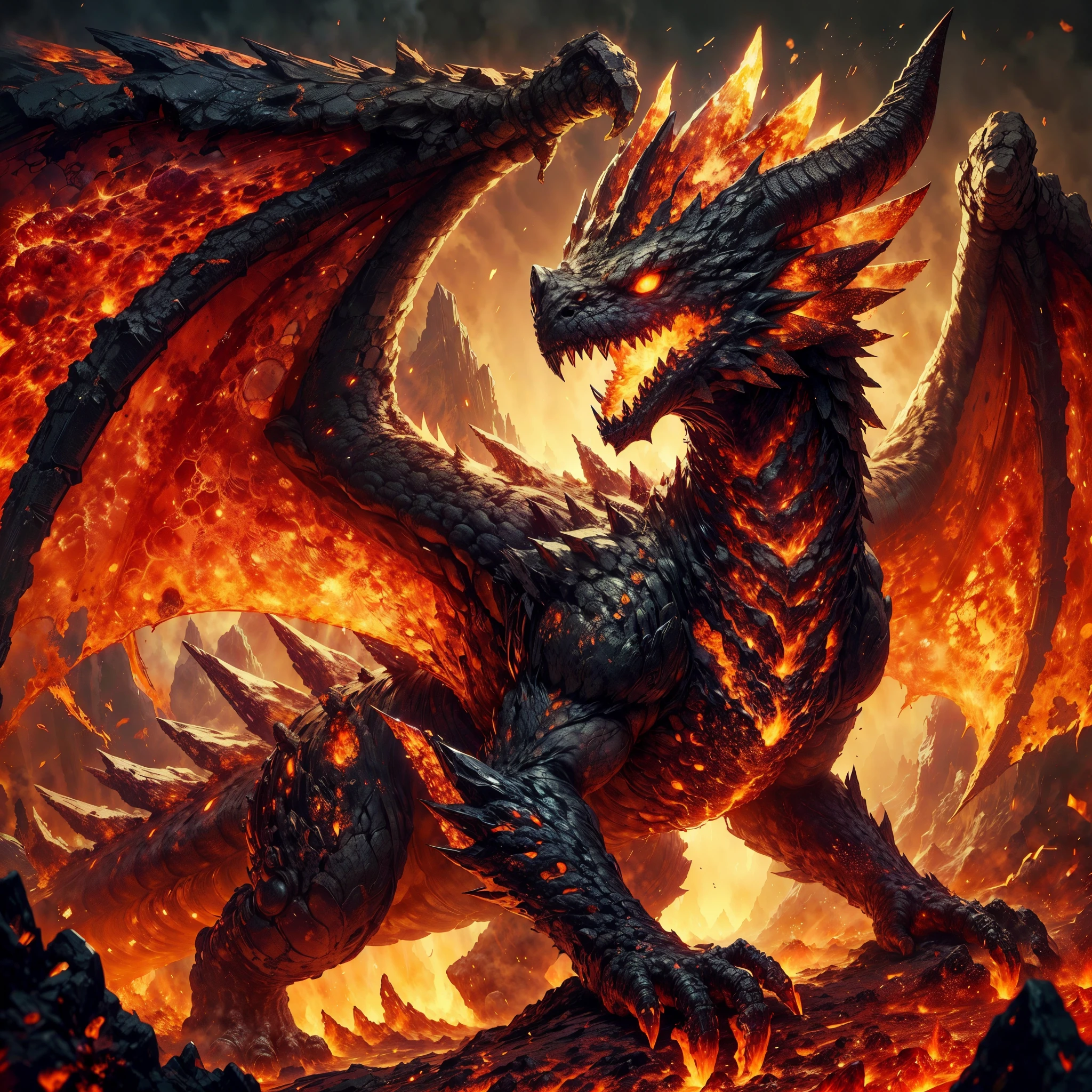 ARK,DnD fan art, fantasy, monster hunter,hot color palette,mage of a lava dragon,lava wings,colossal shape,medium long body, full body, brave pose, roaring,calm,magma obsidian blocks cover whole body,magma obsidian volcanoes on the back, magma blocks on tail, volcanoes on back, volcanic eruption,4 eyes, on a volcanic land,super detailed obsidian scales, battle aura,lava, lava flow over body,ashes, molten lava on body,magma drop, small molten lava pool on body