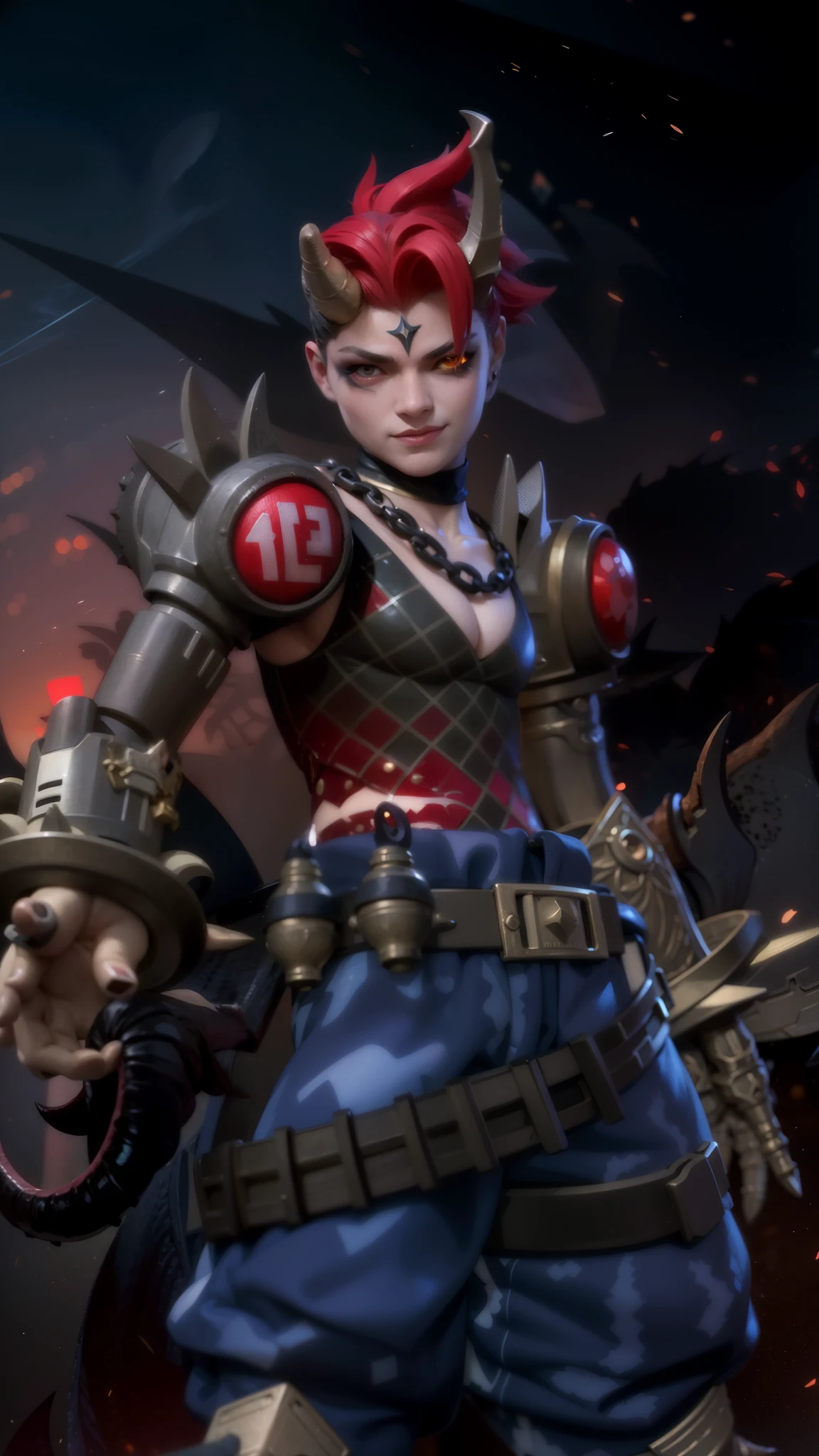 Masterpiece, ultra HD, detailed all picture, a close up of a devil, dyrroth from mobile legend, evil, extremely detailed artgerm, mobile legends character, inspired by Dyrroth, Six pack chest and abs, yellow jewel above the chest.