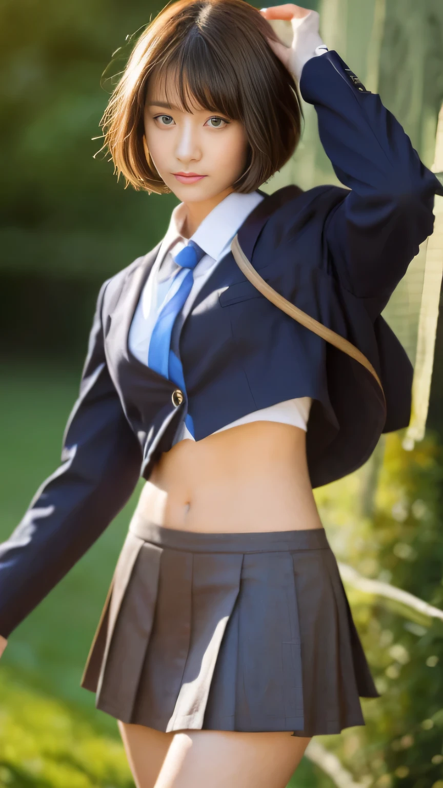 School Uniforms, ((Realistic lighting, Best quality, 8K, Masterpiece: 1.3)), Focus: 1.2, 1girl, Perfect Figure: 1.4, Slim Abs: 1.1, ((Dark brown hair)), (school uniforms: 1.4), (Outdoor: 1.1), junior high_school room, Super fine face, Fine eyes, Double eyelids, complete body、anatomically accurate body、夏服半そで、Short uniform that shows the belly button、Short skirt with visible thighs、
