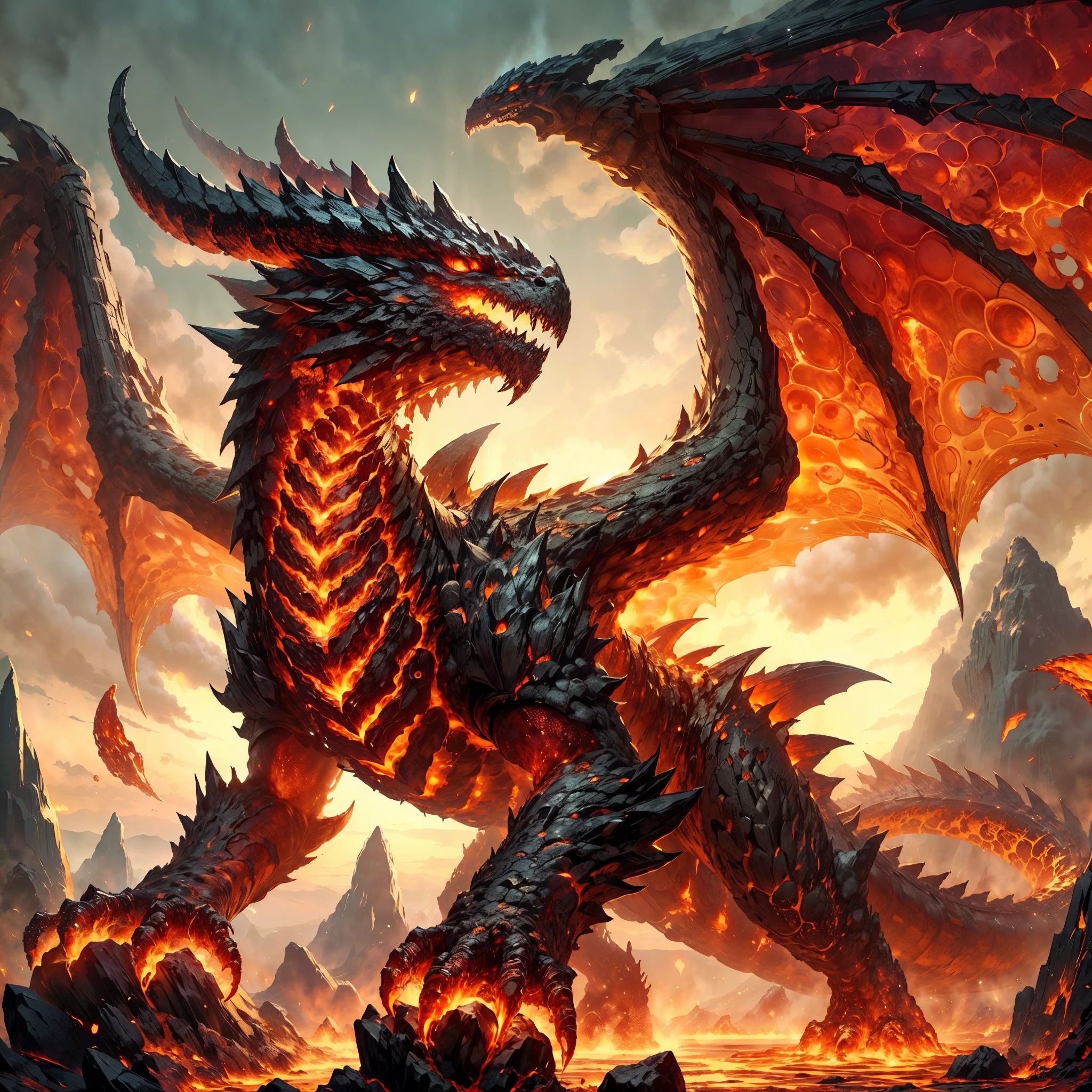 ARK,DnD fan art, fantasy, monster hunter,hot color palette,mage of a lava dragon,lava wings,colossal shape,medium long body, full body, brave pose, roaring,calm,magma obsidian blocks cover whole body,magma obsidian volcanoes on the back, magma blocks on tail, volcanoes on back, volcanic eruption,4 eyes, on a volcanic land,super detailed obsidian scales, battle aura,lava, lava flow over body,ashes, molten lava on body,magma drop, small molten lava pool on body