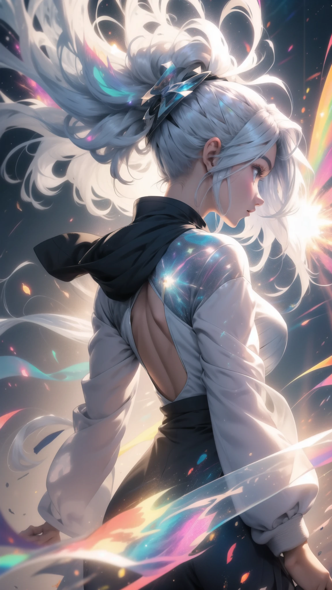 girl, (back view), silver hair, perfect face, detailed face, colorful, lots of details,  juicy girl, astral projection, energies explosions, wind in the hair, glass body and anergy body