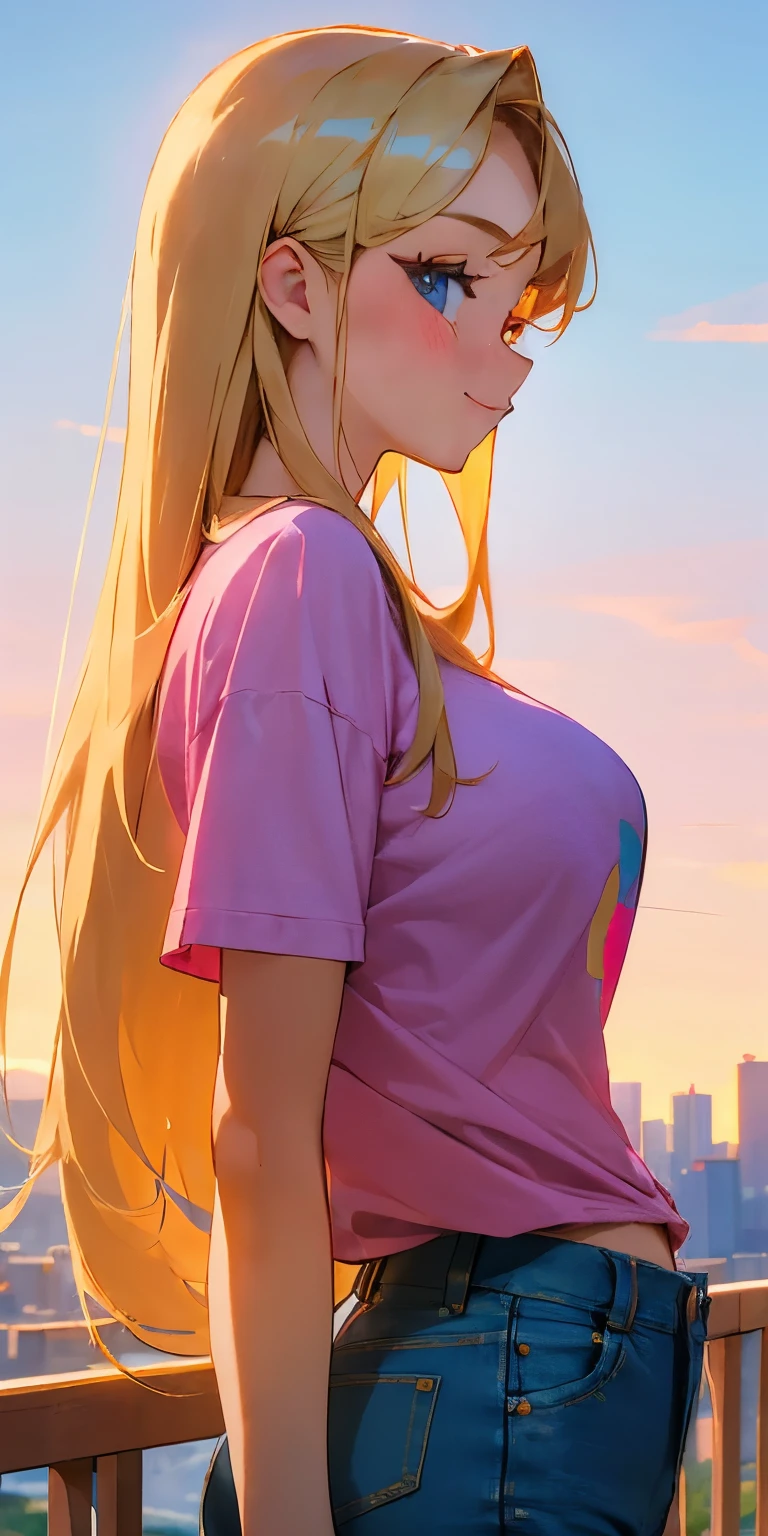 (masterpiece, Best quality:1.4), (8K), Young brunette babe, (((18 years, neat girl))), detailed blue eyes, long eyelashes, blush, Kind smile, Upper body, covered big breasts, (Pink T-shirt), denim short shorts, (From Side), (Looking at the viewer), beautiful blonde hair, white-skinned, long hair, Parted bangs, (huge breasts), (Valley, Beautiful and magnificent skyline, Majestic sky), Colorful natural light)