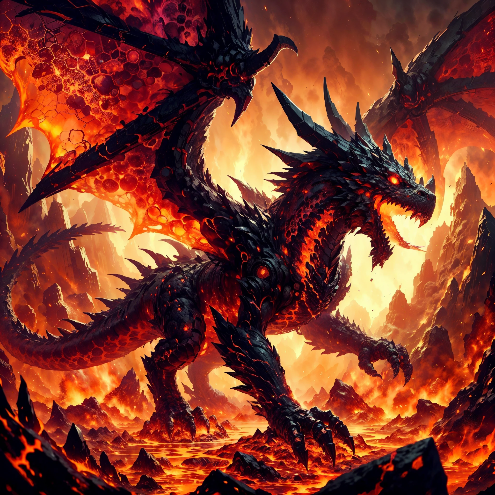 ARK,DnD fan art, fantasy, monster hunter,hot color palette,mage of a lava dragon,lava wings,colossal shape,medium long body, full body, brave pose, roaring,calm,magma obsidian blocks cover whole body,magma obsidian volcanoes on the back, magma blocks on tail, volcanoes on back, volcanic eruption,4 eyes, on a volcanic land,super detailed obsidian scales, battle aura,lava, lava flow over body,ashes, molten lava on body,magma drop, small molten lava pool on body