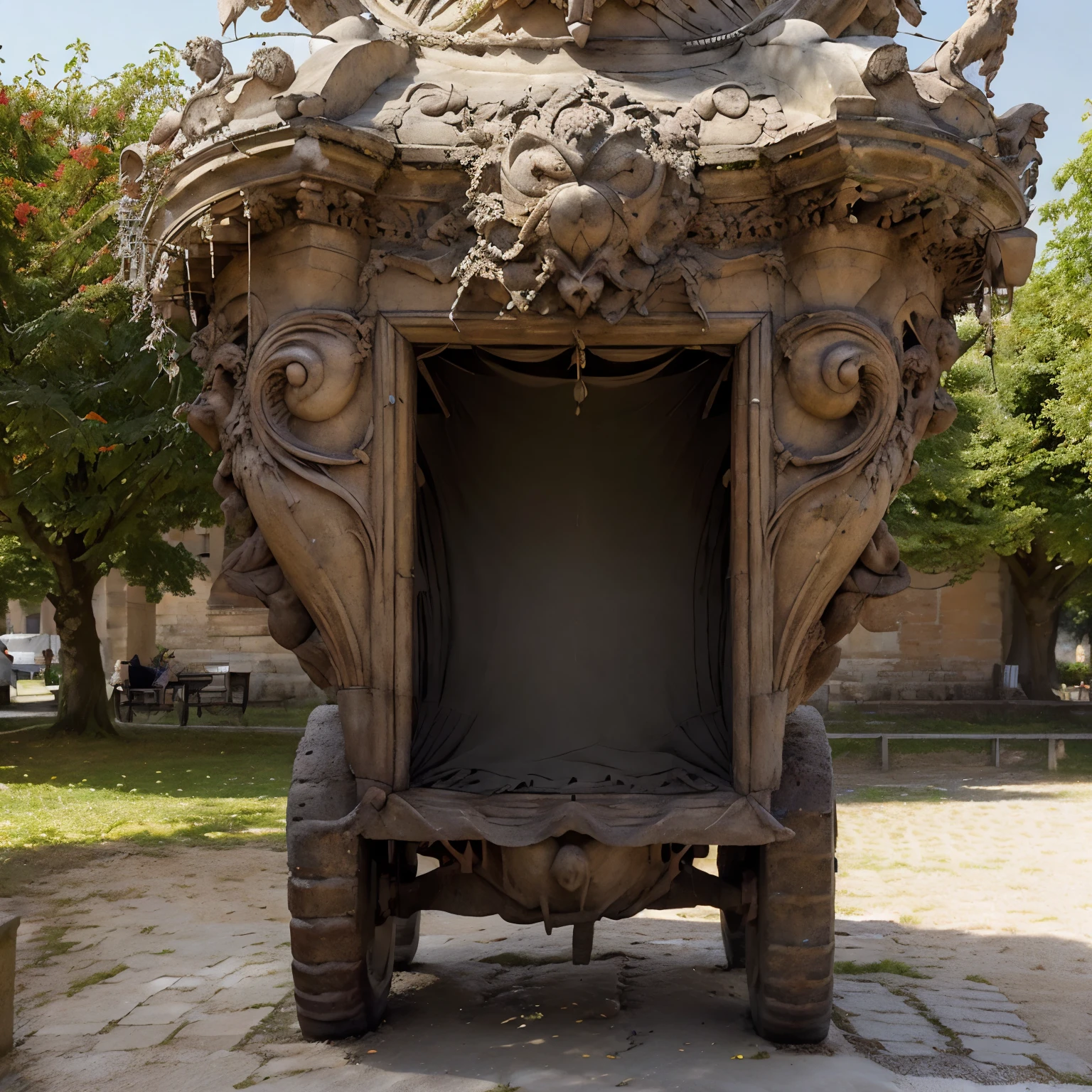 Monnaie de Paris, Château de Versailles, façade détaillée du château, sculptures complexes, jardins luxuriants, fleurs vibrantes, la lumière du soleil filtre à travers les arbres, tracteur rouge et argent frappant, détails minutieux du tracteur, Haute qualité d'image, Des couleurs vives, éclairage soigneusement conçu. monnaie de Paris se distingue à travers le château de Versailles et devient un tracteur rouge et argent