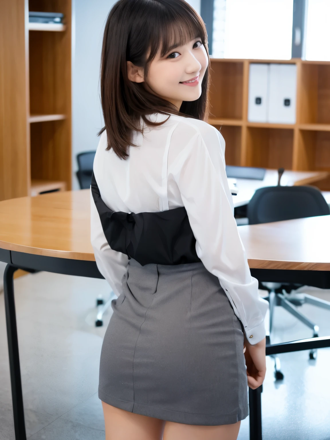 (Japanese cute girl), in a office room, sexy 18 yo girl, (full body), (cutest face), thin breasts, short hair, smiling, skirt, ((thighs)), white blouse, clear depiction, I’m looking down at her from back above, protruding butt coverd by skirt, she is standing with her back to me,