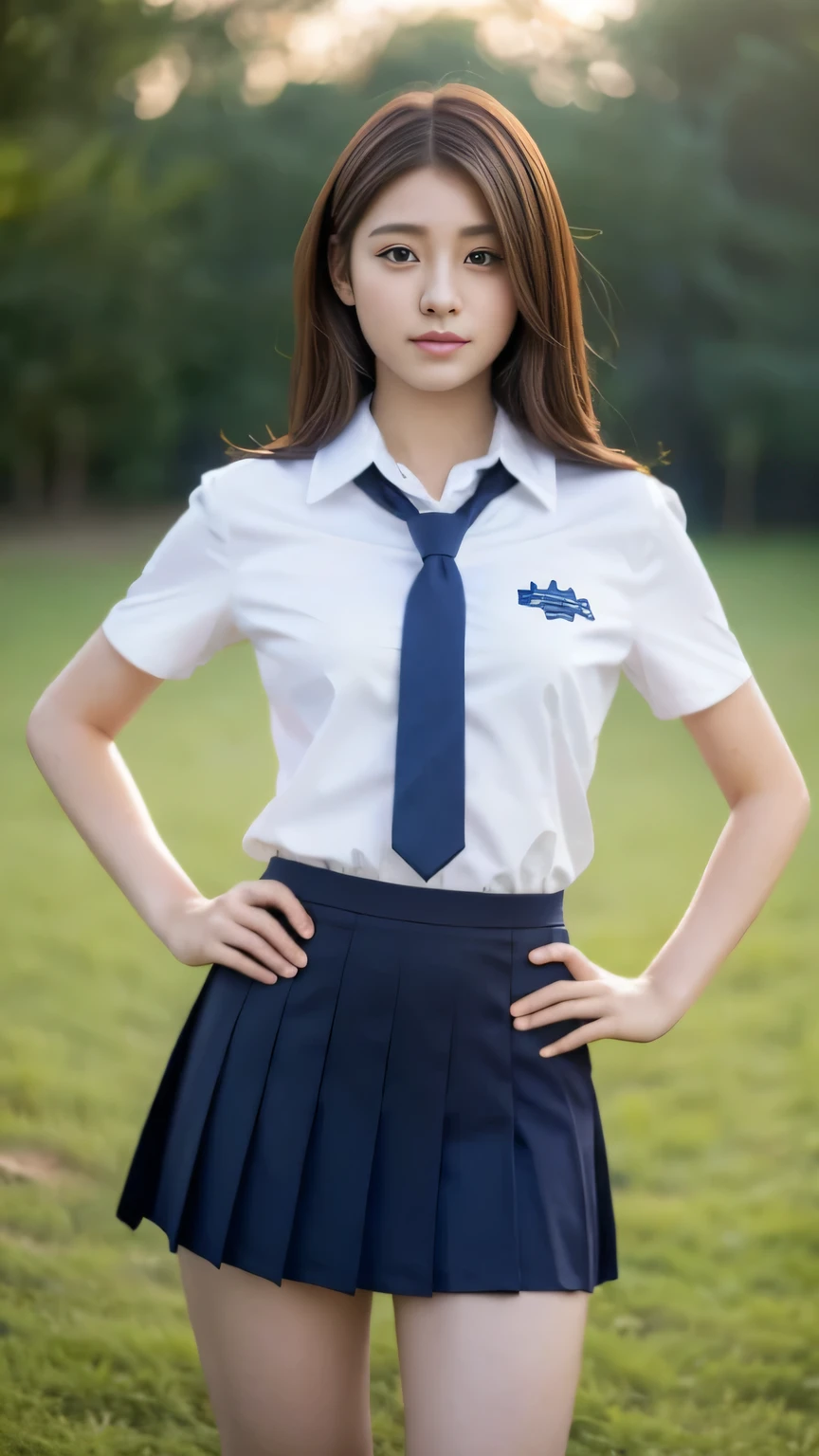 半そでSchool Uniforms, ((Realistic lighting, Best quality, 8K, Masterpiece: 1.3)), Focus: 1.2, 1girl, Perfect Figure: 1.4, Slim Abs: 1.1, ((Dark brown hair)), (school uniforms: 1.4), (Outdoor: 1.1), junior high_school room, Super fine face, Fine eyes, Double eyelids, complete body、anatomically accurate body、白い夏服半そで、Short uniform that shows the belly button、Short skirt with visible thighs、