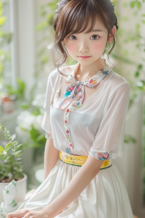 (masterpiece:1.2, best quality, ((contrasting eyes)), detailed, blouse, skirt, sitting, from front, bedroom, indoor)