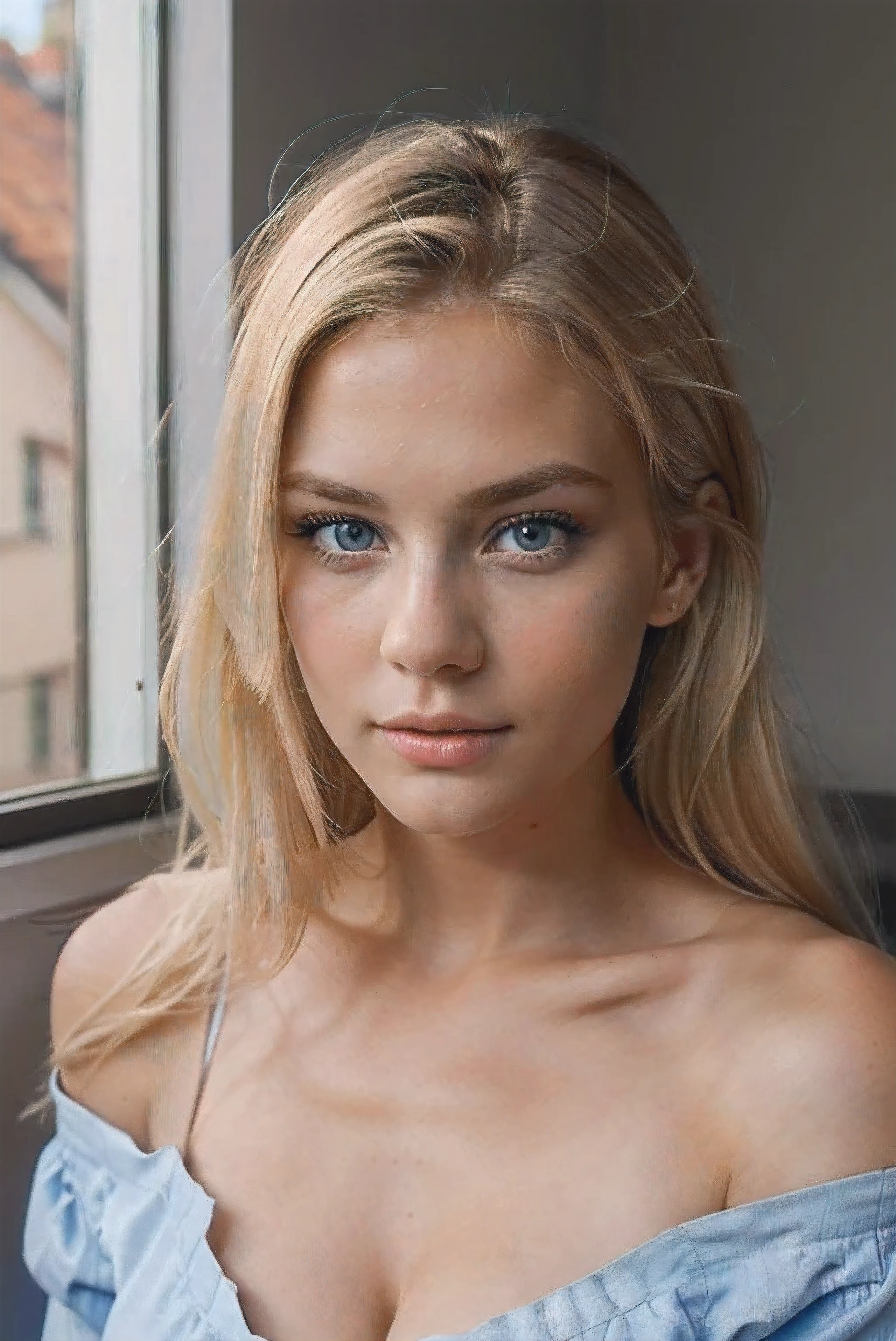 blonde swedish girl, beaux yeux bleus, shaped face, stunning look, very detailed, instagram model