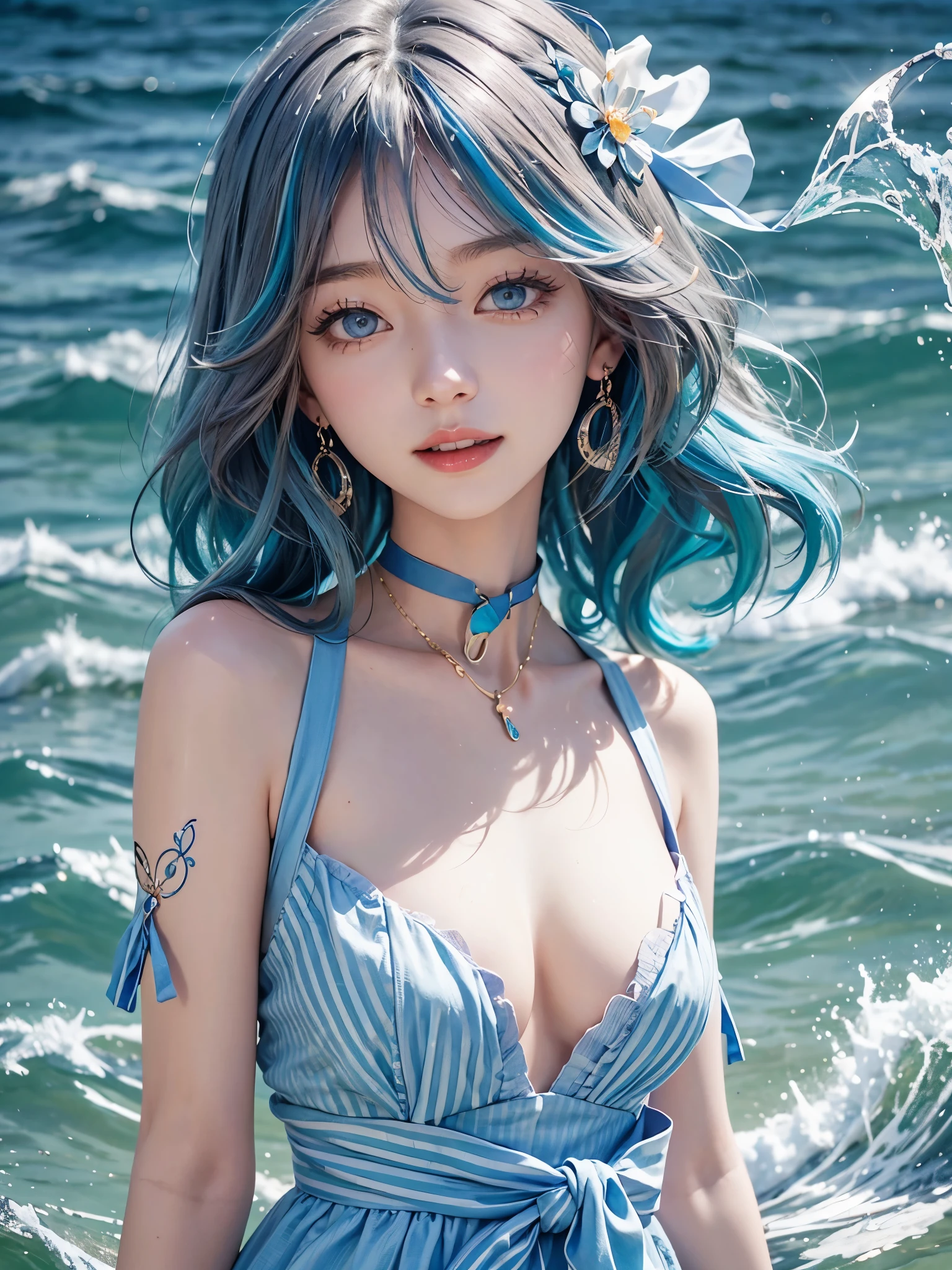 1girl、solo、looking at the audience、Smile、medium long hair、open mouth、Bangs、blue eyes、bare shoulders、jewelry、Upper body、blue hair、earrings、O cabelo multicolorido、collar、virtual_youtuber、Vest、water、Off the shoulders、black dress、striped hair、tattoo、Floating hair、Headband、Beautiful detailed sky、美丽的water、泼water、浑身是water珠、Sunlight、Ray tracing、masterpiece、facing the camera