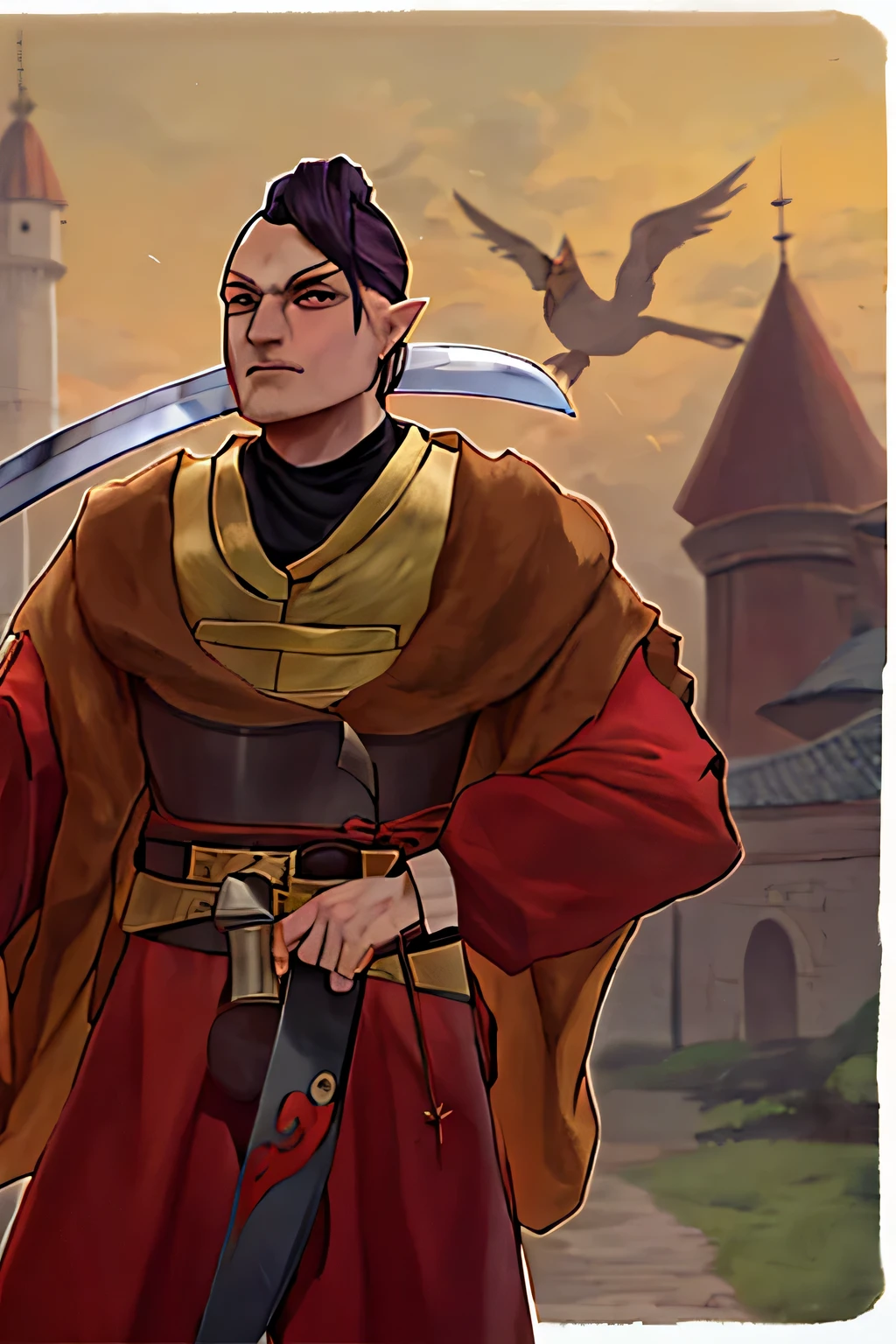 cartoon of a man in a red robe holding a knife, as a dnd character, boromir in an 80\'s anime world, dnd character, male blonde elf ranger, arsen lupin as a paladin, as a d & d character, fantasy d&d character, a human male paladin, final fantasy tactics character, while holding a sword, painting of a man with a pipe and a sword in a field, cossack, polish nobleman, inspired by Altoon Sultan, by Pál Szinyei Merse, great king of stovokor, by Ștefan Luchian, by Aleksander Kobzdej, inspired by Pál Szinyei Merse