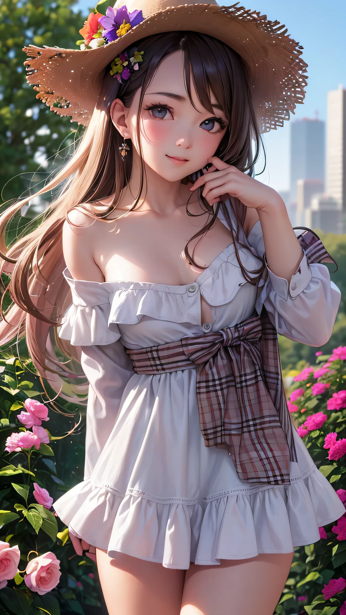 (Close-up:1.4)、(RAW shooting:1.2)、(photorealistic:1.4)、(masterpiece:1.3)、(highest quality:1.4)、solo、7 head and body、(slender and beautiful girl)、cute、(Medium chest:1.2)、(cleavage)、(full body shot)、8K、(muste piece:1.2)、(Cute off-the-shoulder、mini skirt:1.3)、(大きく開いた胸のCute off-the-shoulder:1.3)、(Sexy model pose with chest sticking out:1.3)、cowboy shot、view audience、(beautiful hands)、(beautiful thighs)、hair blowing in the wind、cute系、flower gardenに座る、flower garden、outdoor、(perfect anatomy:1.2)、
