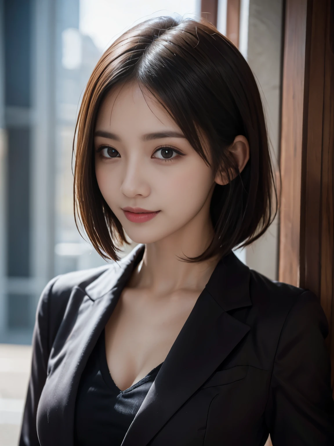 best quality, realistically, super detailed, fine pubic hair, High resolution, solid color background，8k wallpaper, 1 beautiful woman,,Light brown short hair, wear a dark suit, lock focus, perfect dynamic composition, beautiful eyes, delicate hair, 细致realistically的皮肤纹理, smile, close up portrait, model body shape