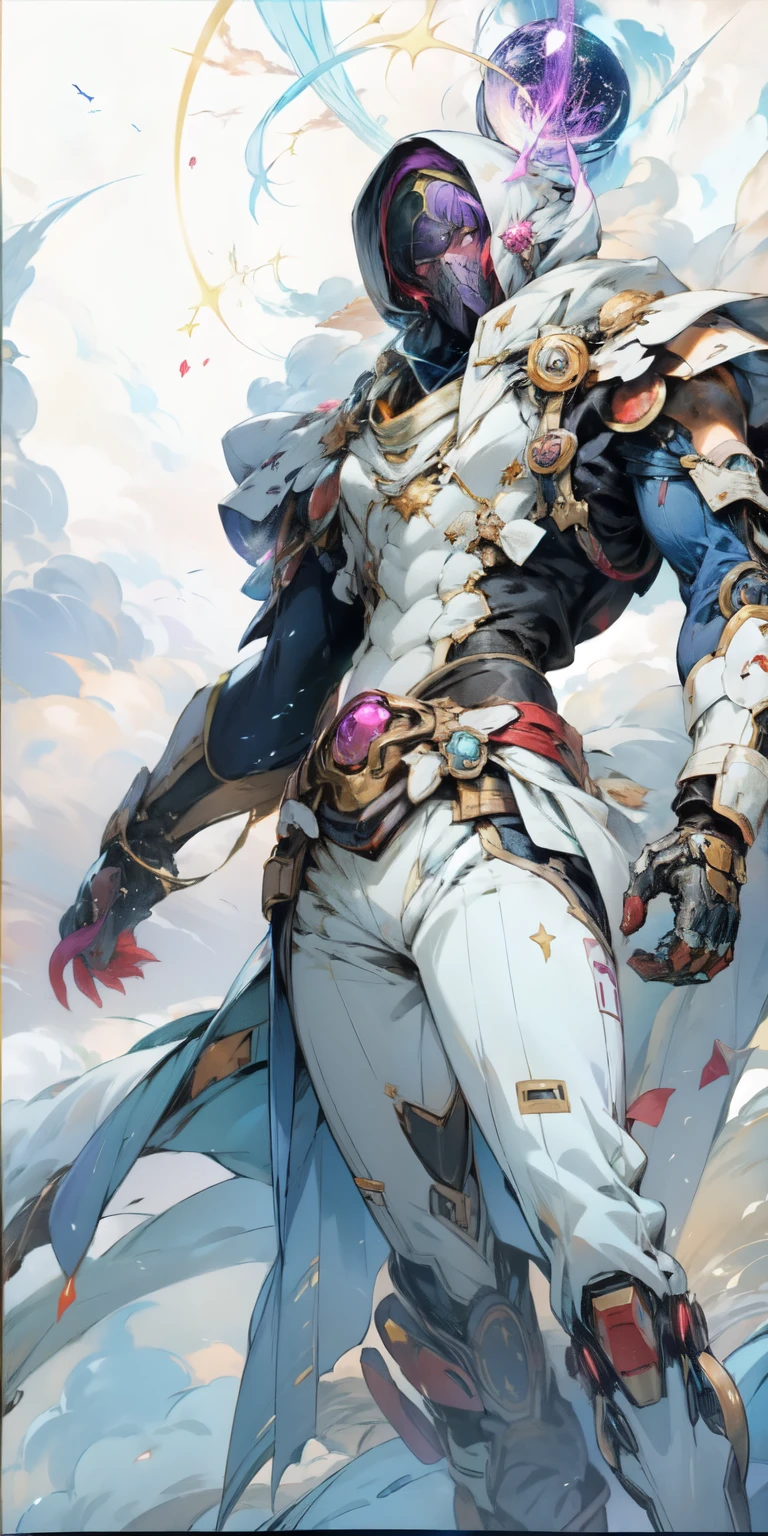 a picture of a video game anime intro with a large scale shot of a world below with clouds showing how far down and how much there is in store, front cover of a new video game, break of dawn, Isekai online adventure, sci-fi mixed with magic, Arcanist, aspect of a dying star, black and white, blue and red, purple,