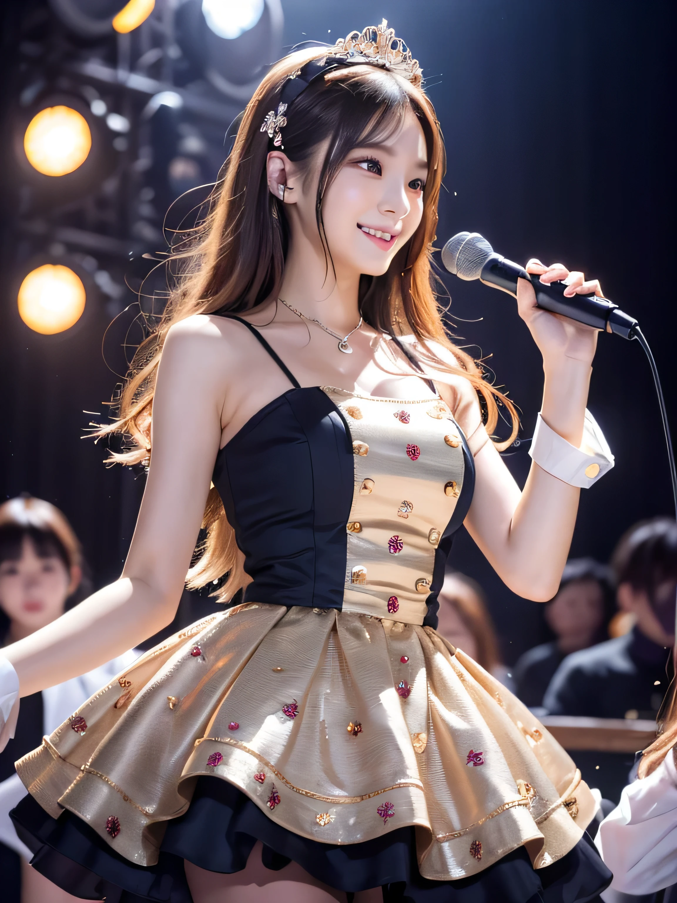 realistic, realistic, masterpiece, highest quality, one girl, alone, in stage, Stage lighting, Stage Spotlight, look at the audience, smile, Idol_sing_costume, (face to face with the children_v1:0.8),韓国のIdol,Nogizaka idol,actress,Idol彫刻