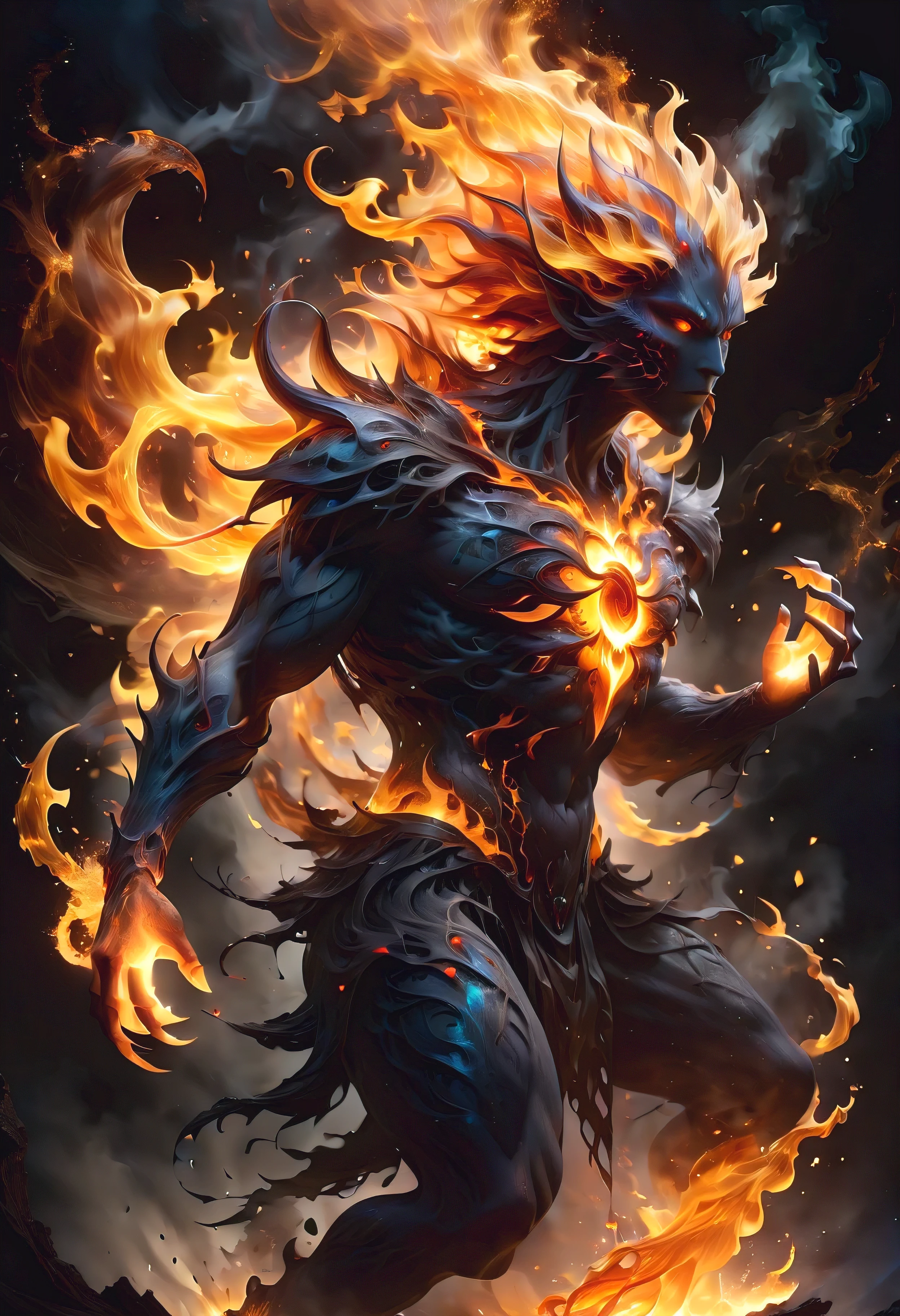 (best quality,realistic:1.37),detailed fiery creature,glowing embers,ethereal smoke,mystical being,fiery magic,powerful presence,vibrant colors,shadowy silhouette,hot and intense flames,burning sparks,glimmers of light,jagged fiery tendrils,dynamic movement,mythical realm,ancient power,wisps of smoke,fiery inferno,ominous atmosphere,dark background,intense heat,smoky haze,otherworldly beauty,magical essence,dancing flames,fiery vortex,illuminated eyes,breath of fire,molten lava,smoldering embers,enchanted powers,dark and mysterious,elemental energy,swirling smoke tendrils,unleashed fury,mesmerizing spectacle,transcendent aura,supernatural strength,flaming manifestation,transformed reality,fiery touch,illuminating presence,spellbinding enchantment,burning desires,revealing the unseen,consuming passion,majestic spectacle.